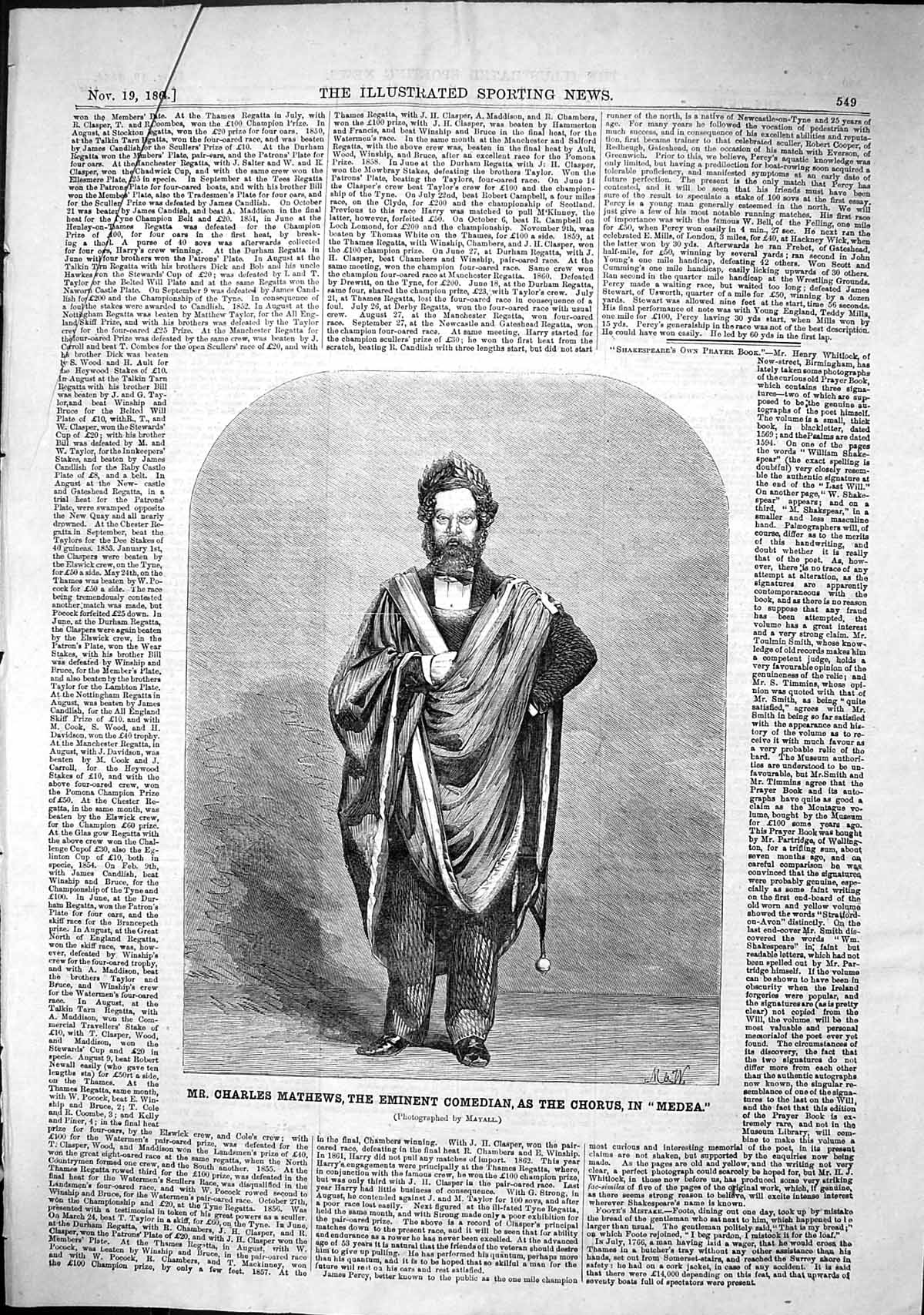 Old Print 1864 Portrait Mr Charles Mathews Eminent Comedian Chorus Medea 19th