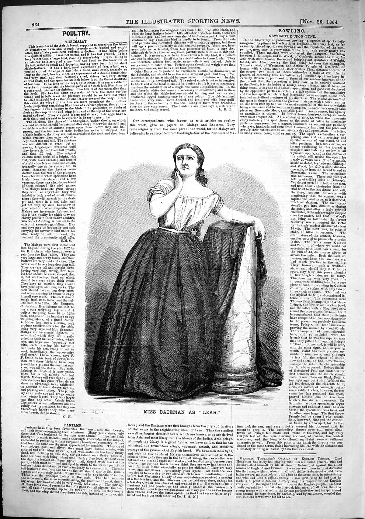 Original Old Antique Print 1864 Portrait Miss Bateman Leah Theatre Actress 19th