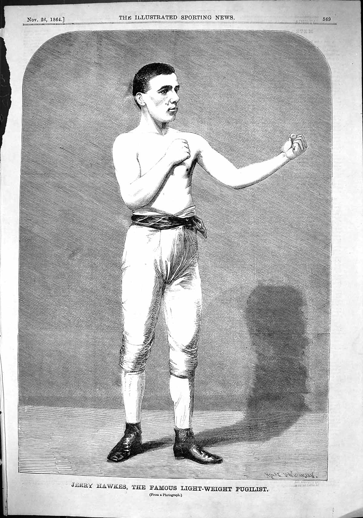 Antique Old Print 1864 Jerry Hawkes Famous Light-Weight Pugilist Sport Man 19th