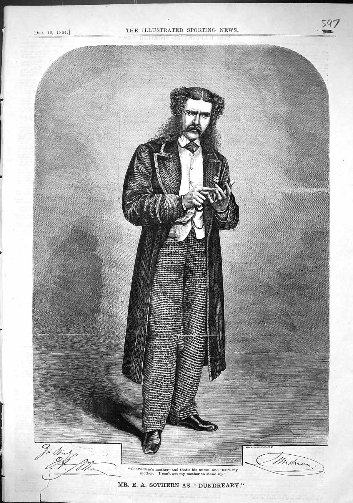 Old Antique Print 1864 Portrait Mr E.A. Southern Dundreary Theatre Actor 19th