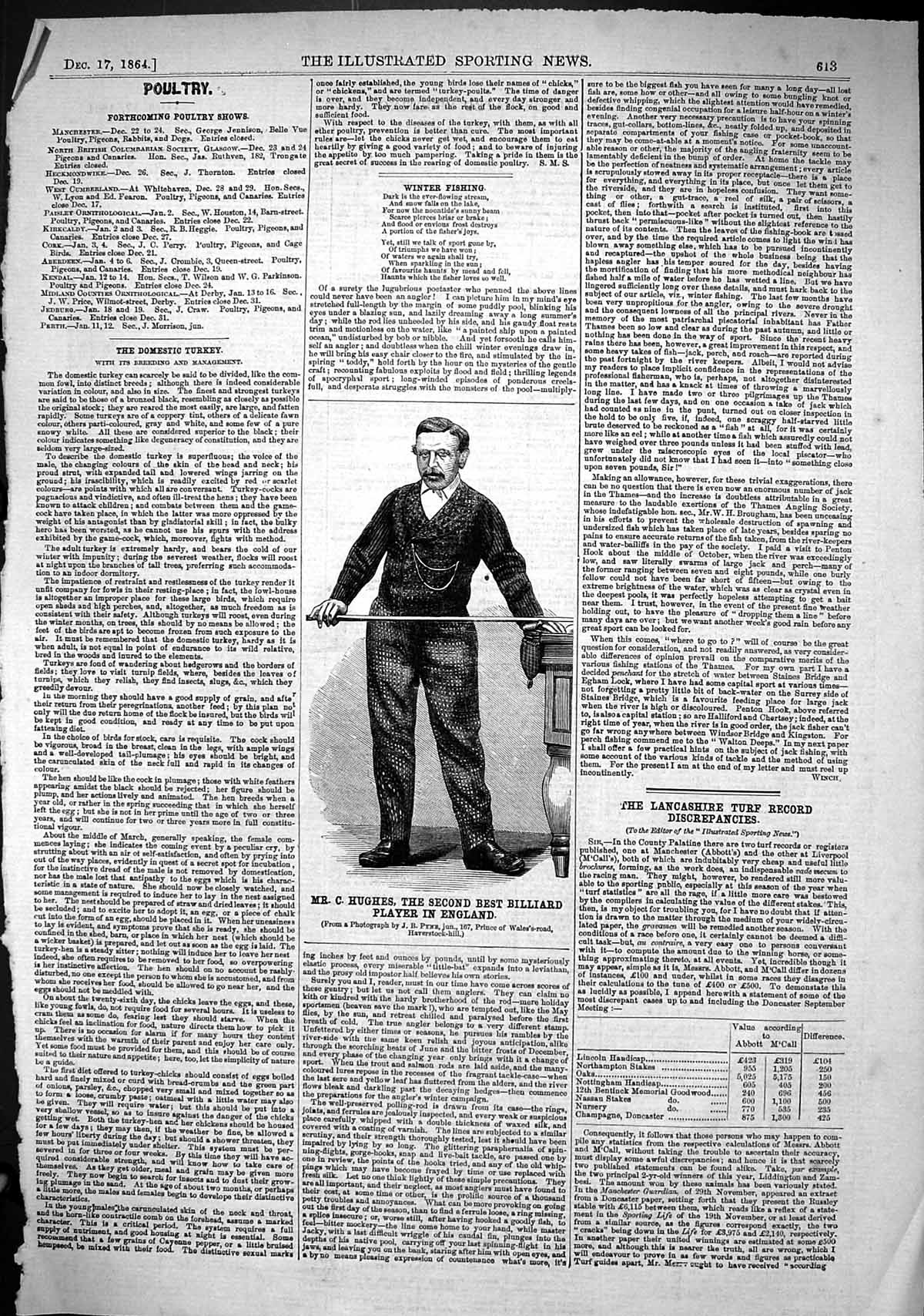 Antique Old Print 1864 Hughes Second Best Billiard Player England Sport Man