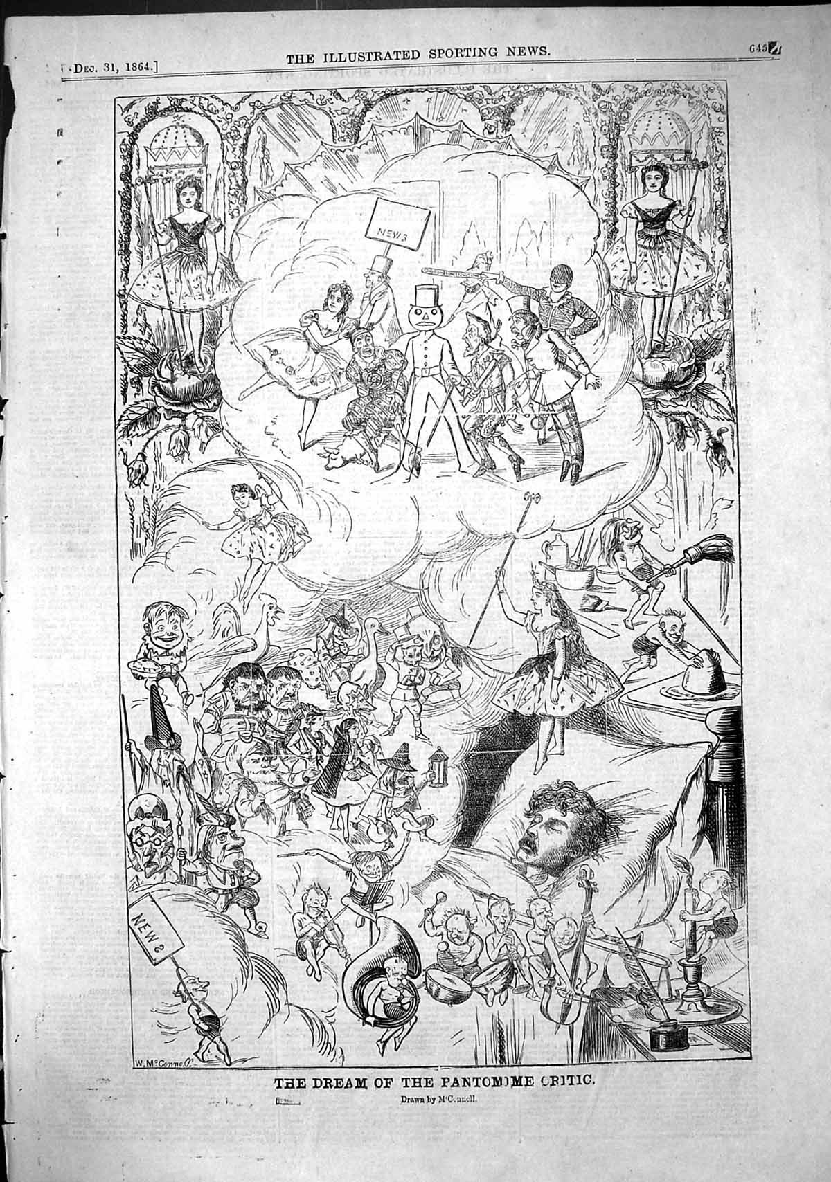 Original Old Antique Print 1864 Dream Pantomime Critic Theatre Actors Victorian
