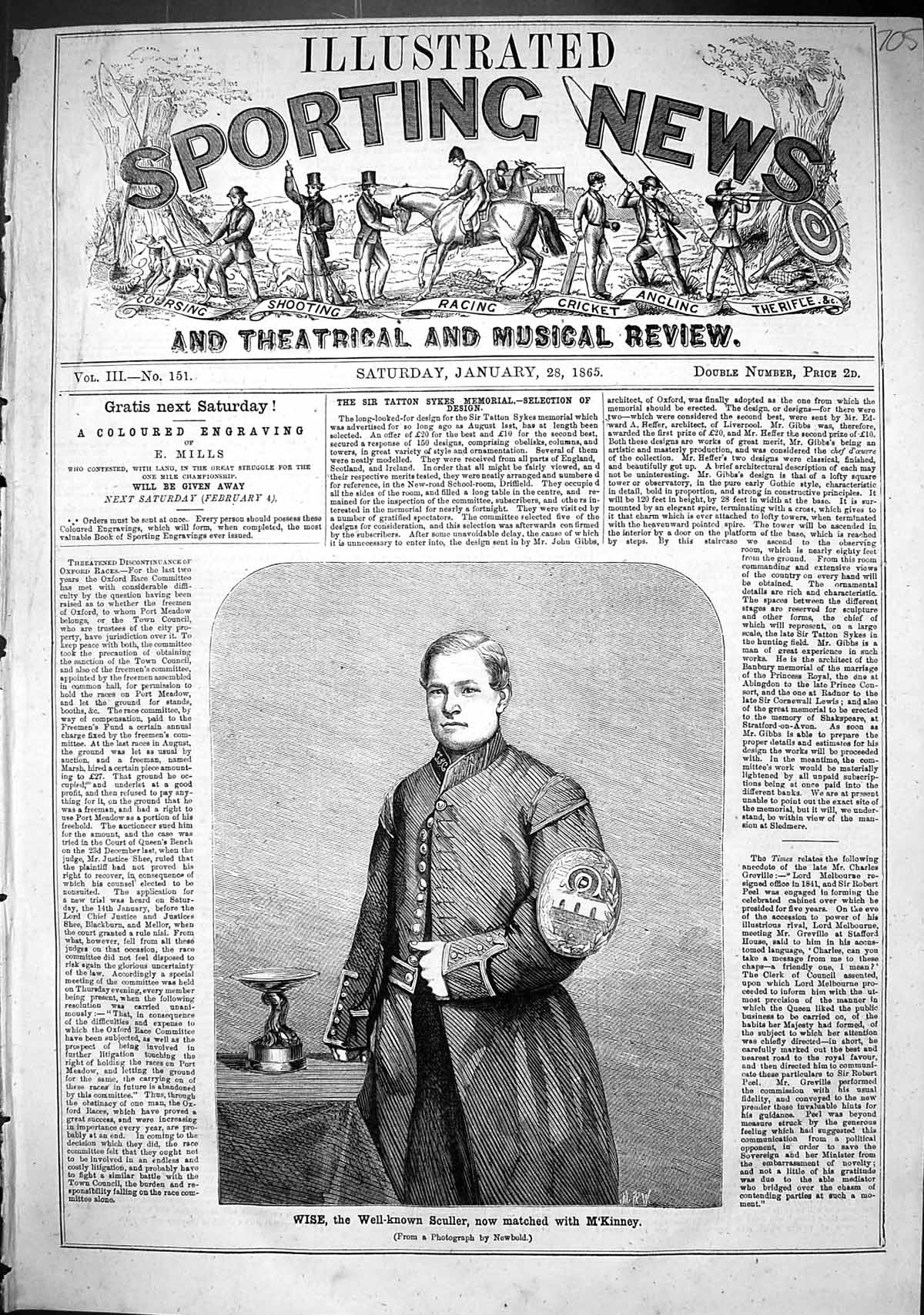 Old Antique Print 1865 Portrait Wise Well-Known Sculler Matched M'Kinney 19th