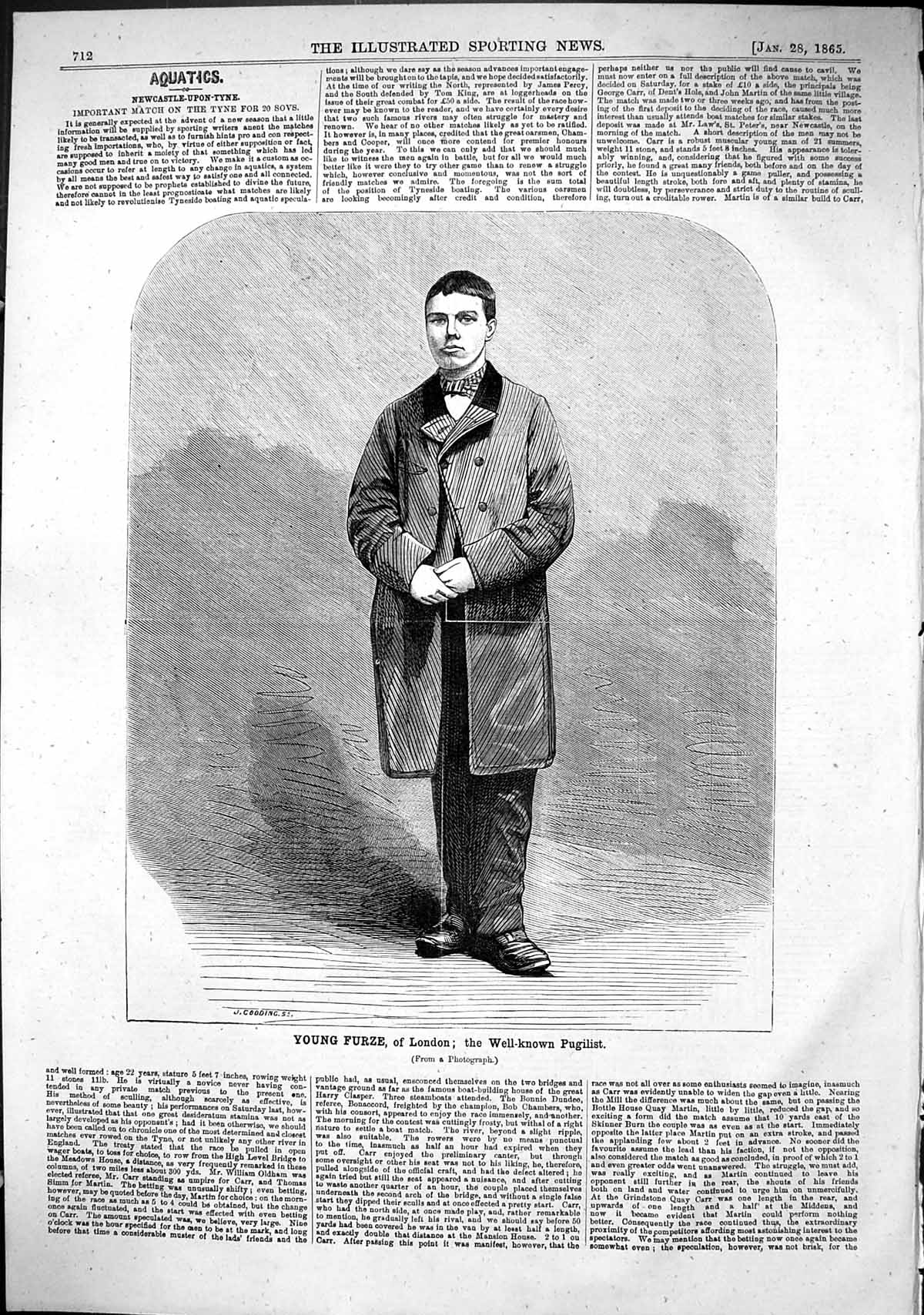 Old Print 1865 Portrait Young Furze London Well-Known Pugilist Sport Man 19th