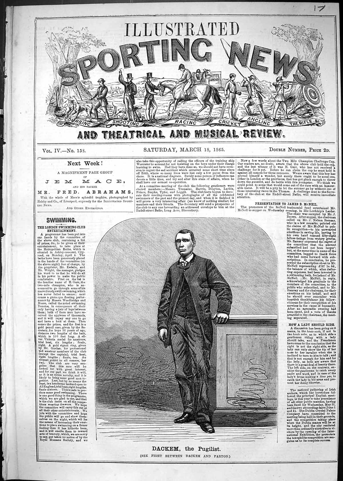 Original Old Antique Print 1865 Portrait Dackem Pugilist Sportsman Sport 19th