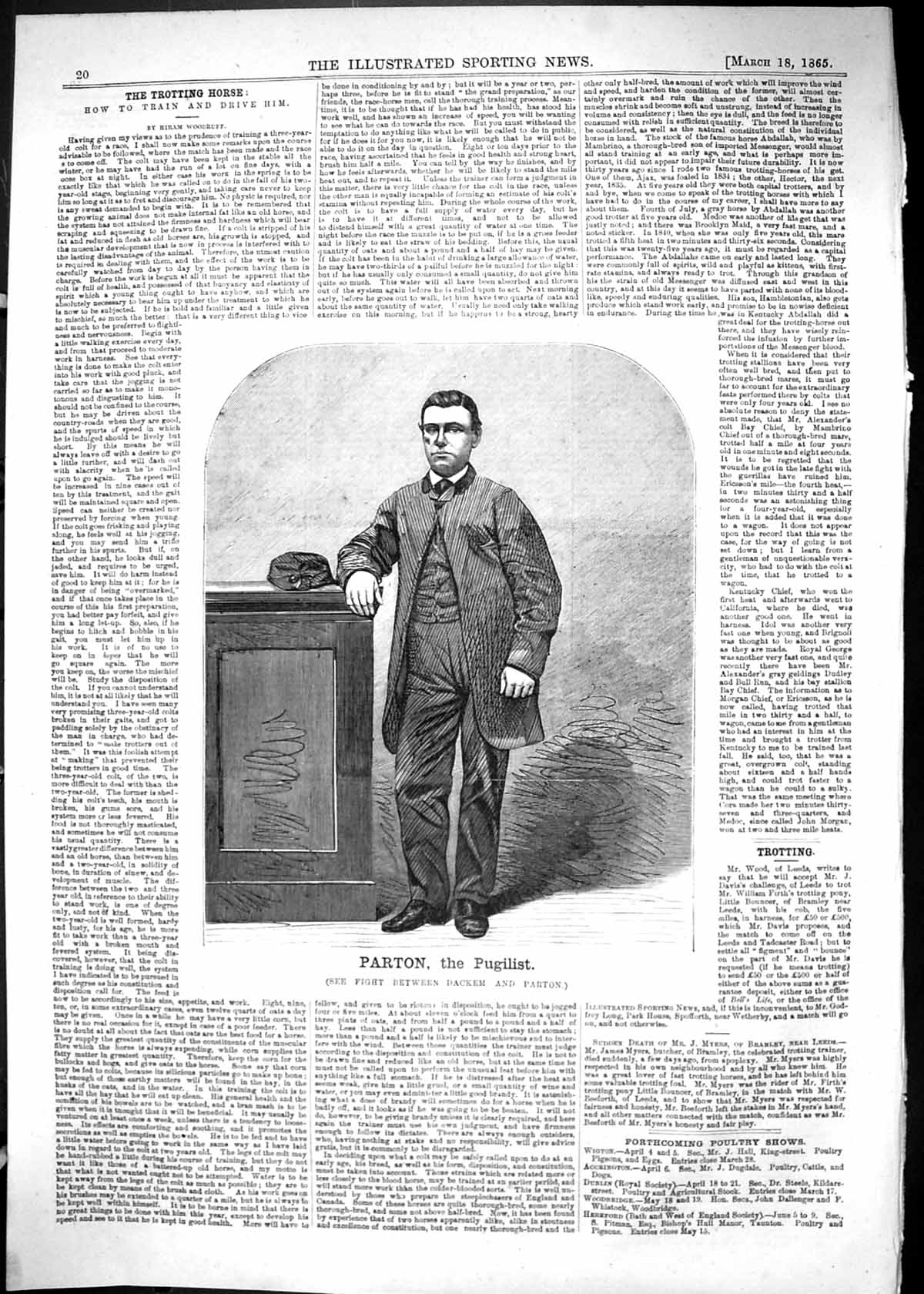 Original Old Antique Print 1865 Portrait Parton Pugilist Sportsman Sport 19th