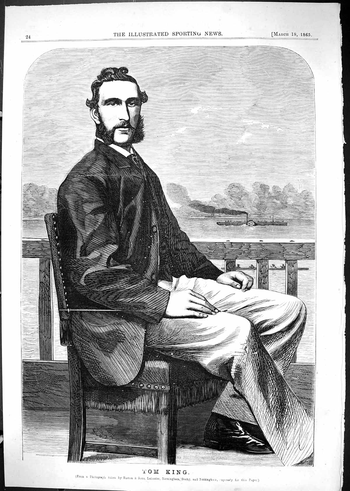 Original Old Antique Print 1865 Portrait Tom King Sportsman 19th