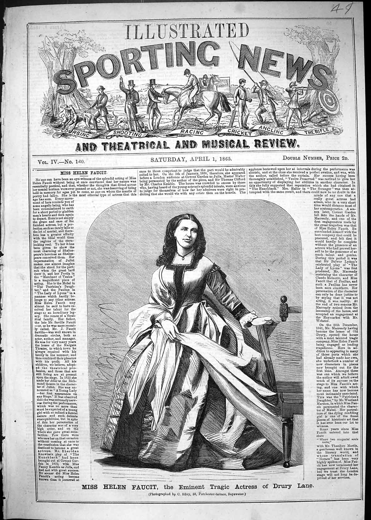 Antique Old Print 1865 Miss Helen Faucit Eminent Tragic Actress Drury Lane 19th