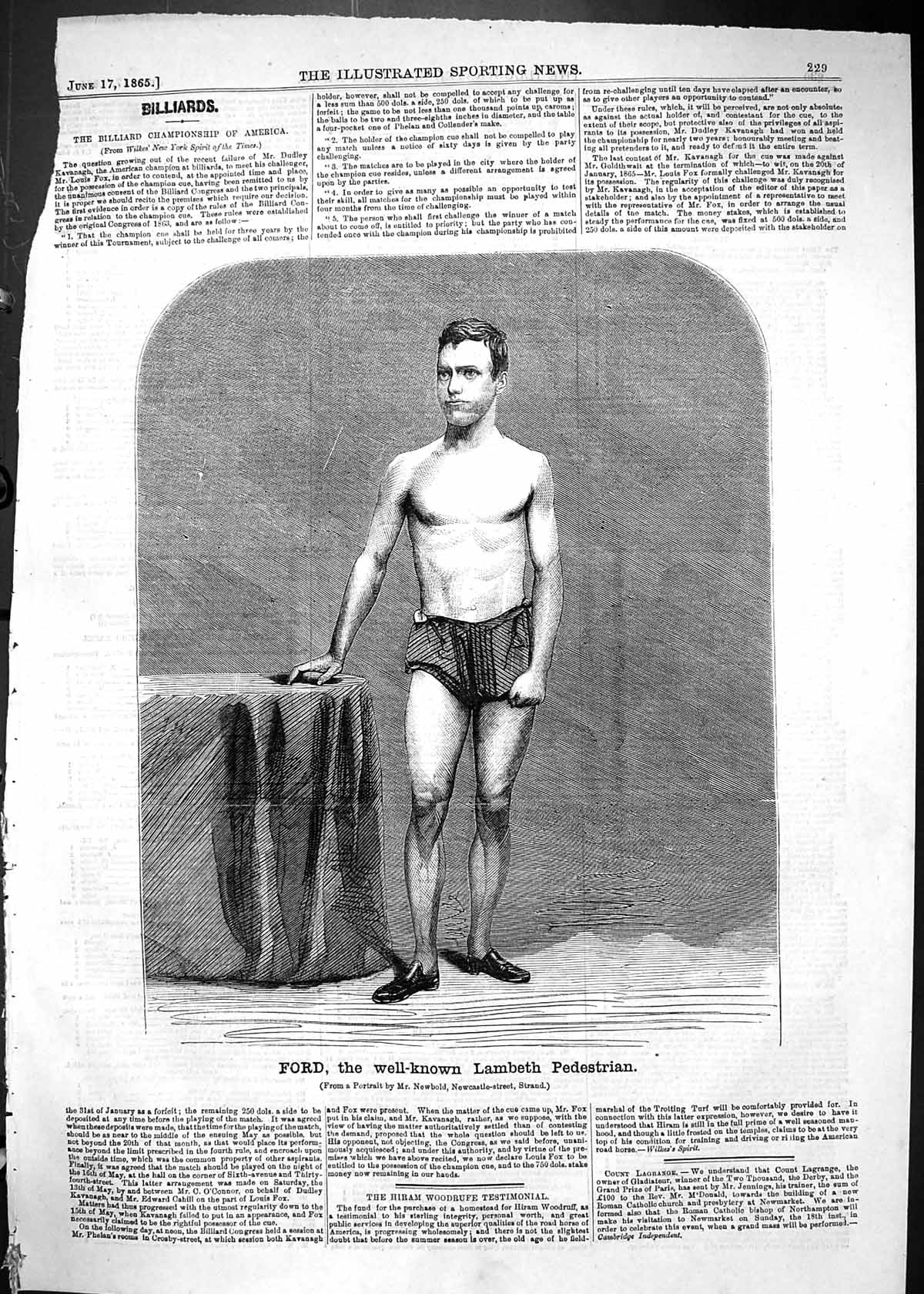 Old Antique Print 1865 Portrait Ford Well-Known Lambeth Pedestrian Sport 19th