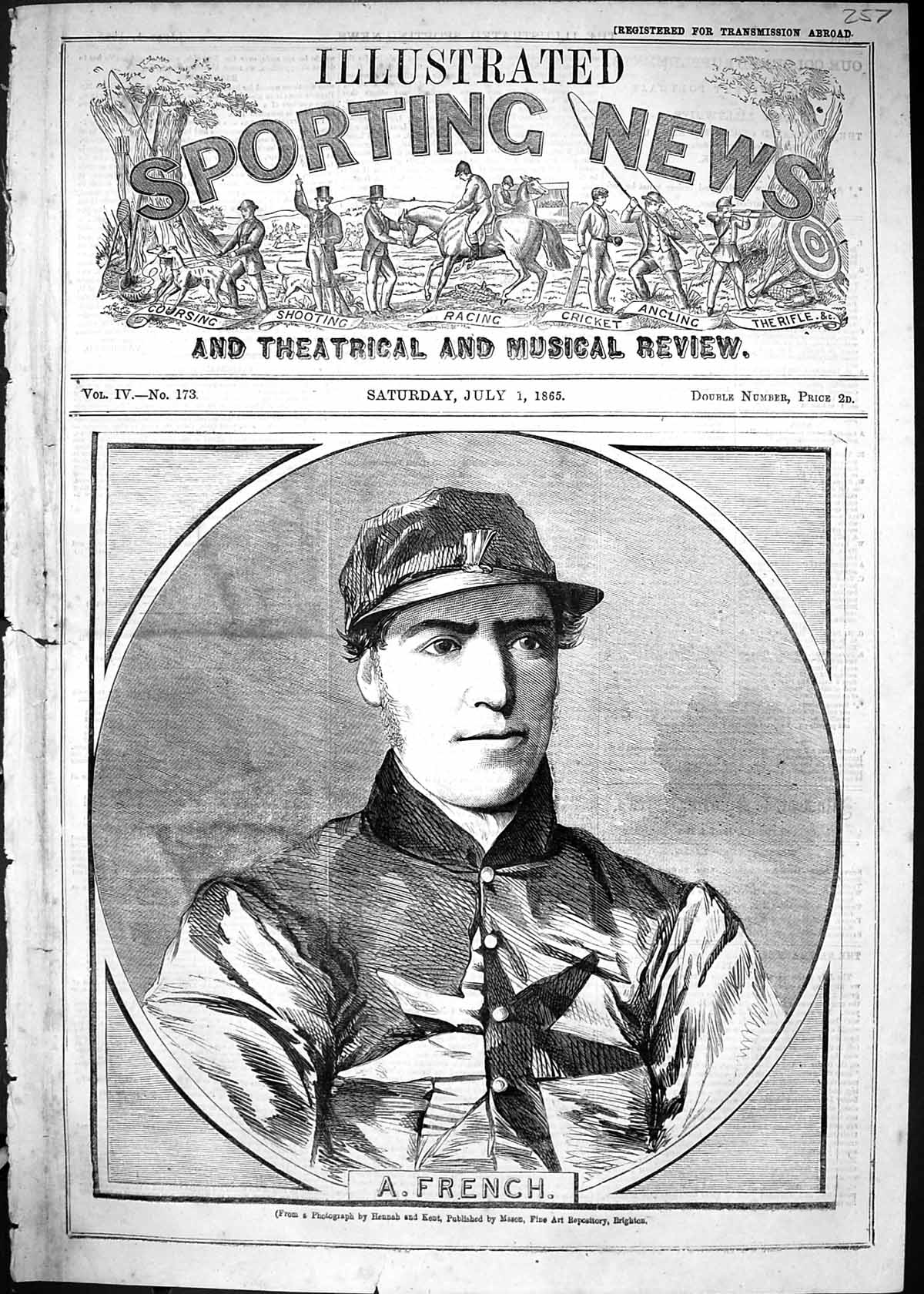 Original Old Antique Print 1865 Portrait French Jockey Sport Man 19th