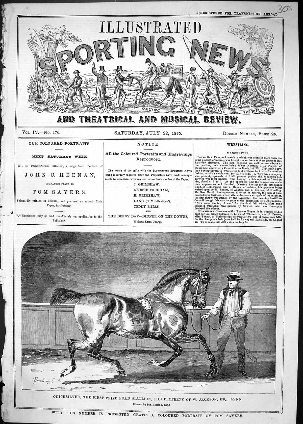 Old Antique Print 1865 Quicksilver Prize Road Stallion Horse Jackson Lynn 19th