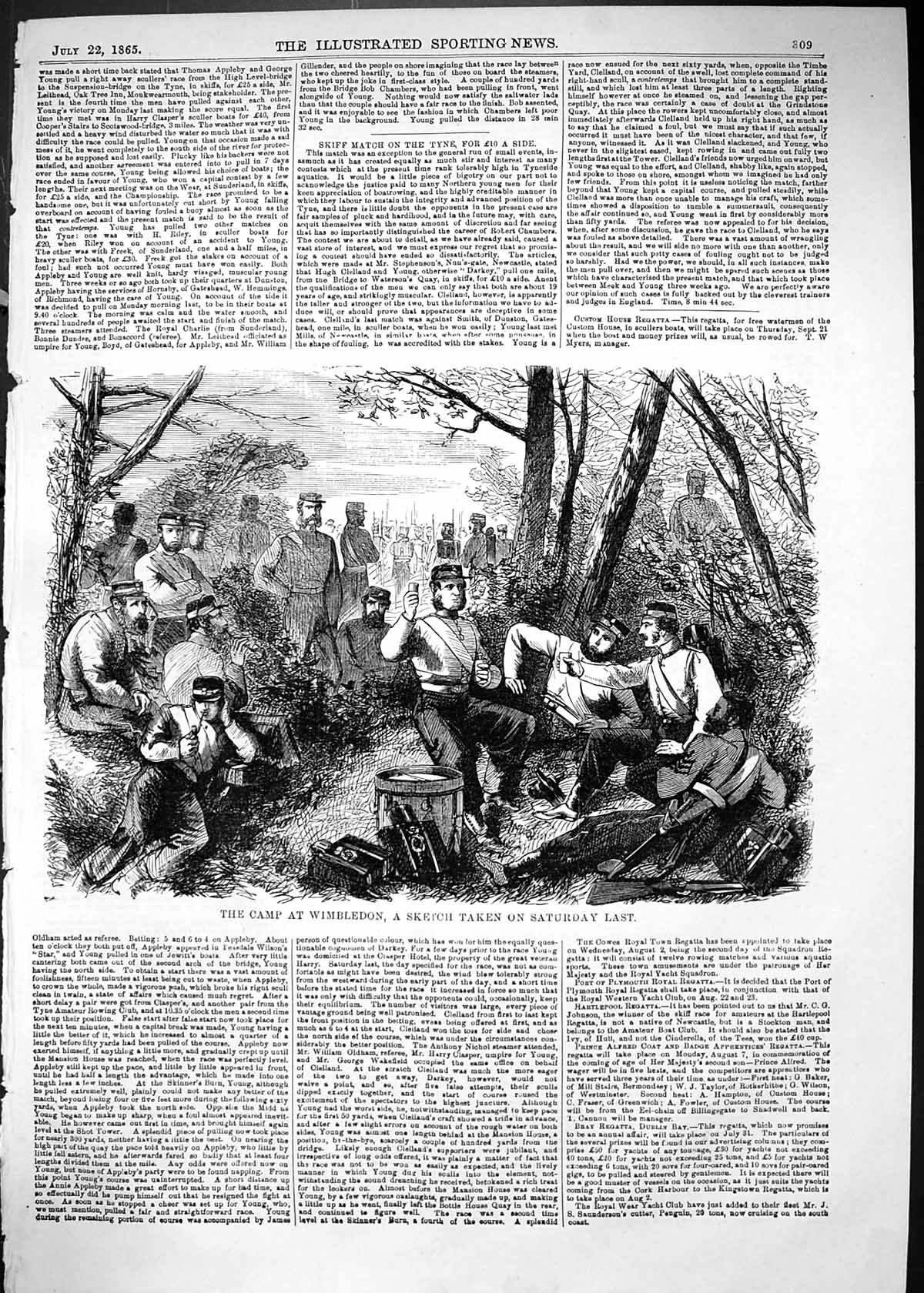 Original Old Antique Print 1865 Scene Camp Wimbledon Rifle Shooting Sport Siers