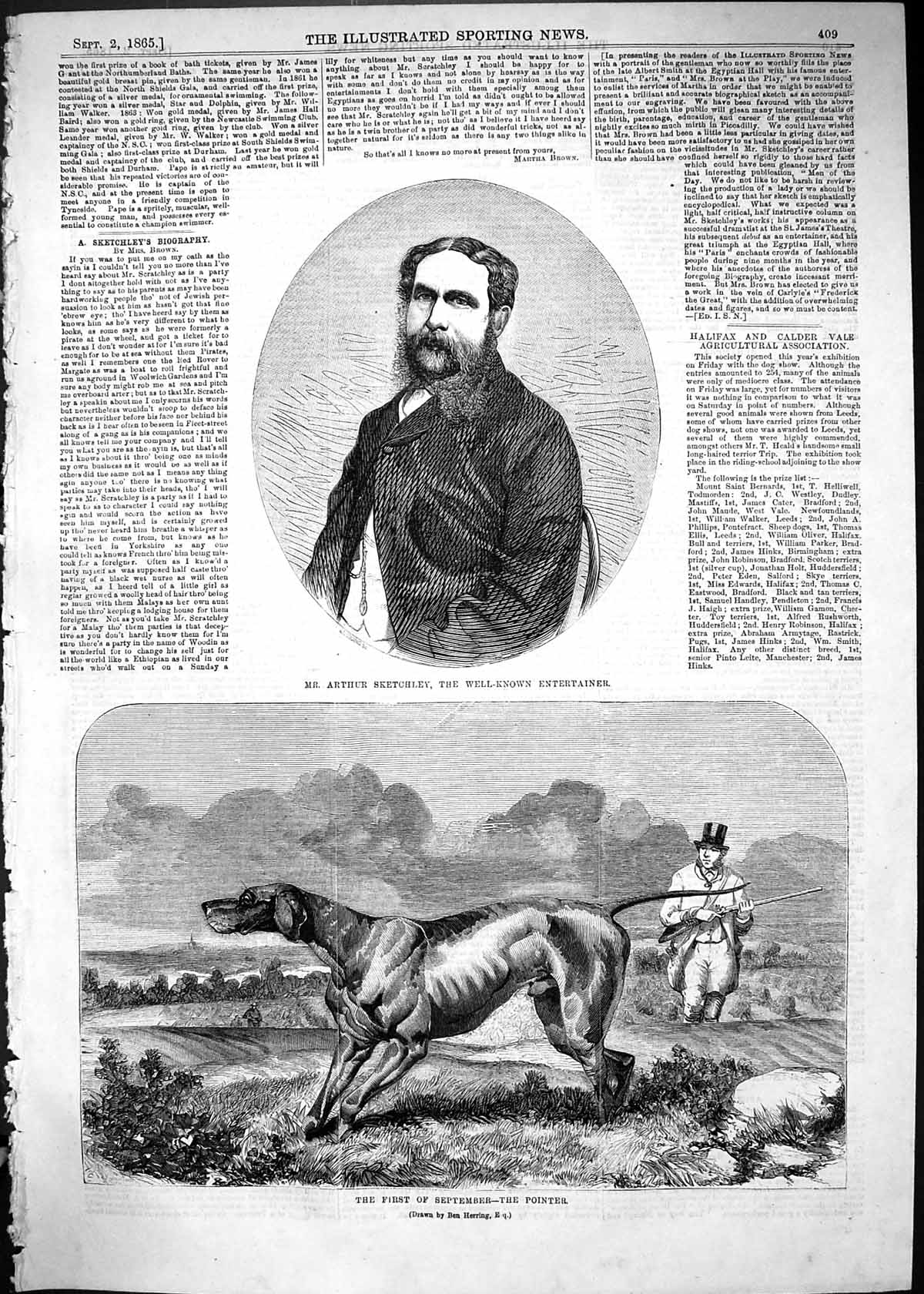 Old Print 1865 Mr Arthur Sketchley Entertainer Pointer Hunting Dog Sport 19th