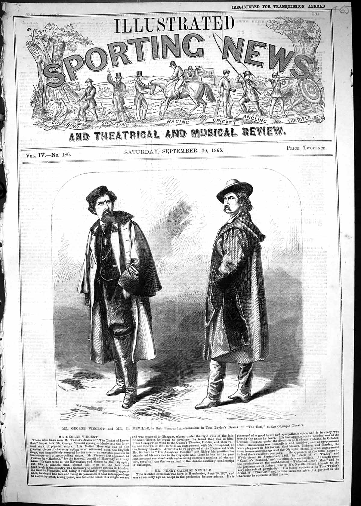 Antique Print 1865 George Vincent Neville Tom Taylor Drama Olympic Theatre 19th