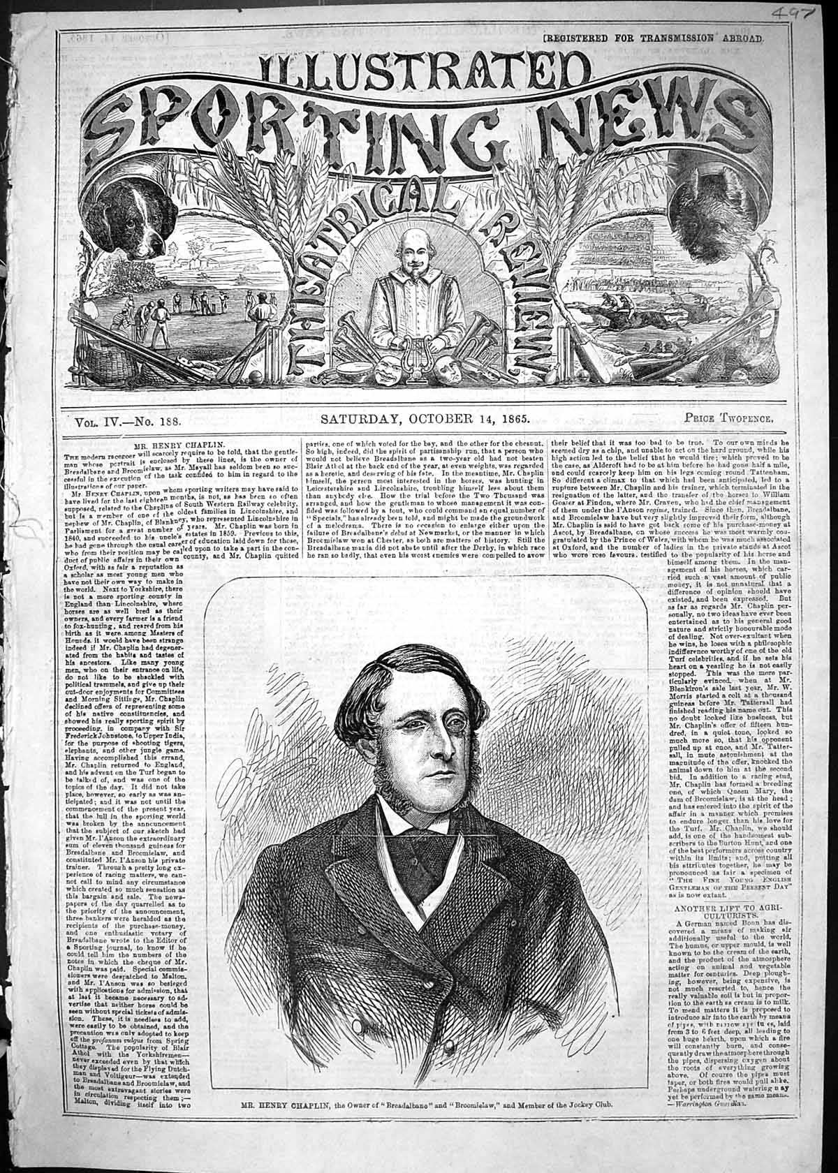 Antique Old Print 1865 Mr Henry Chaplin Owner Breadalbane Member Jockey Club