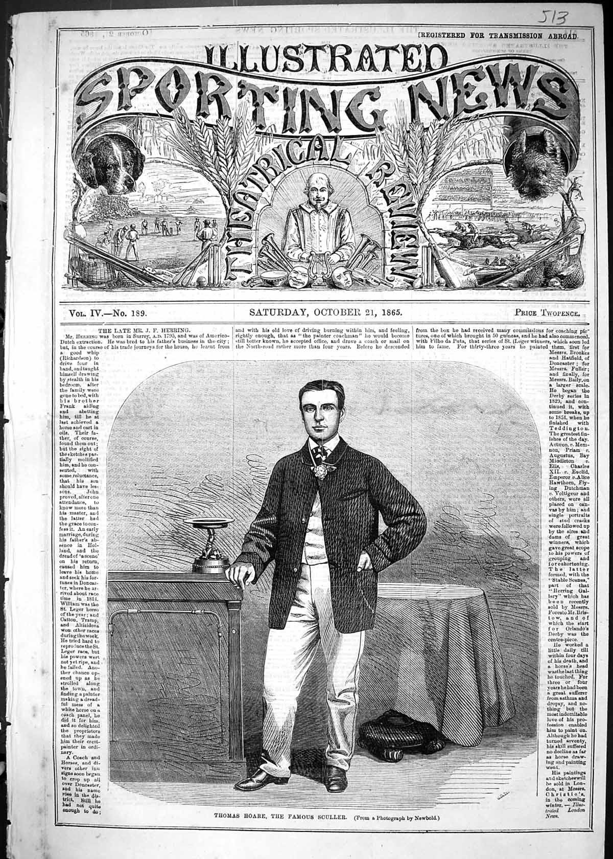 Original Old Antique Print 1865 Portrait Thomas Hoare Famous Sculler Sport Man