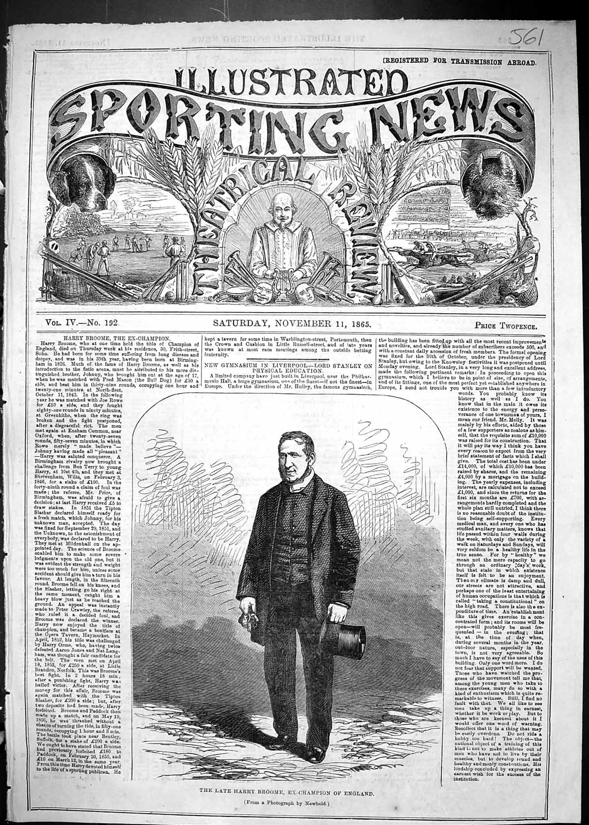 Old Antique Print 1865 Portrait Harry Broome Ex-Champion Pugilist England 19th