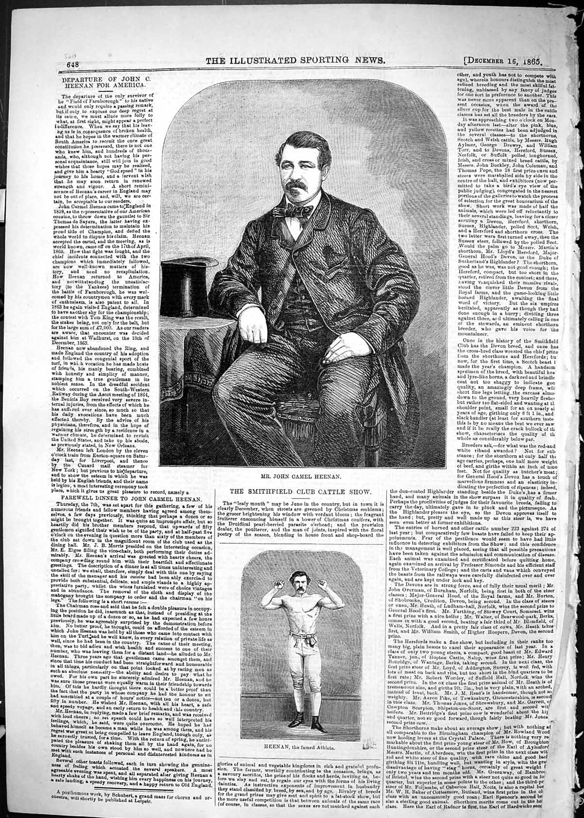 Old Antique Print 1865 Portrait Mr John Camel Heenan Famous Athlete Sport 19th