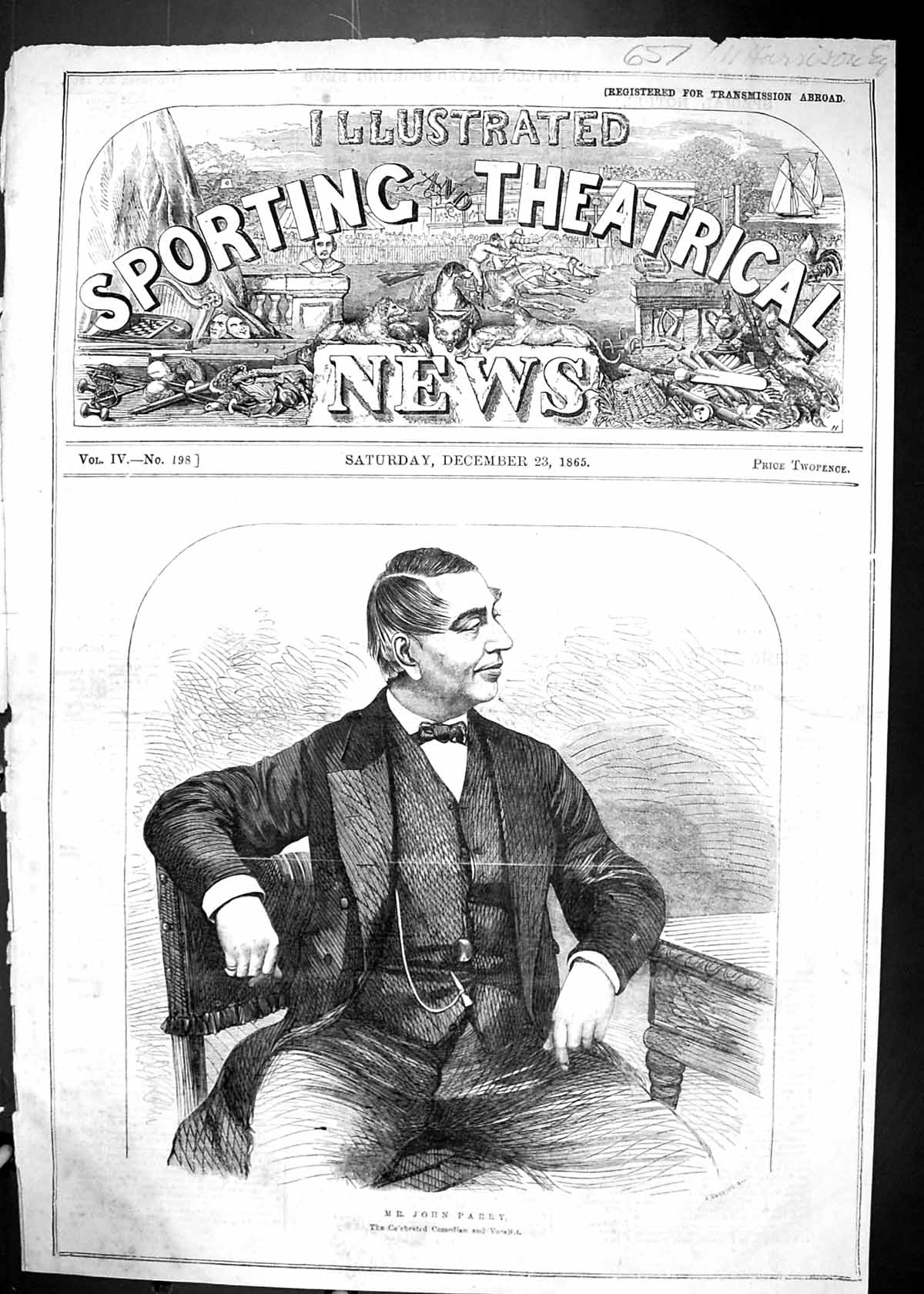 Antique Old Print 1865 Portrait Mr John Parry Celebrated Comedian Vocalist 19th
