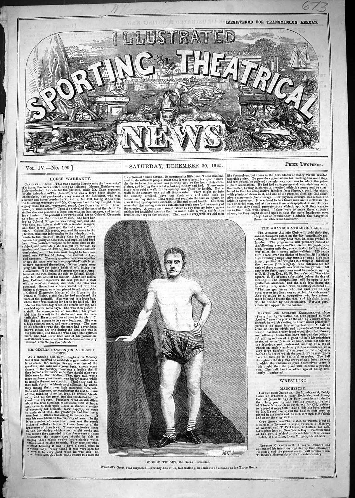 Old Antique Print 1865 Portrait George Topley Great Pedestrian Sport Man 19th