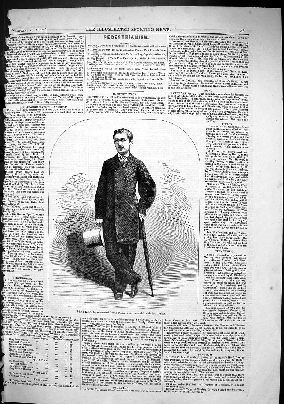 Old Antique Print 1866 Portrait Bennett Celebrated Leeds Player Sport Man 19th