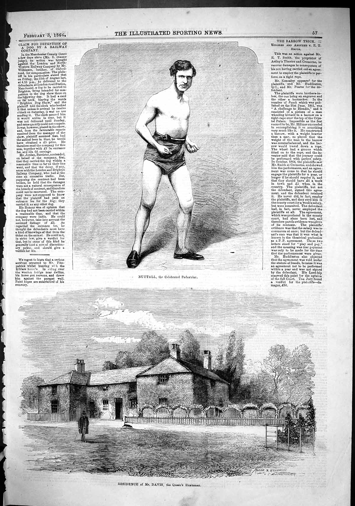 Old Print 1866 Nuttall Celebrated Pedestrian Davis Queen'S Huntsman House 19th