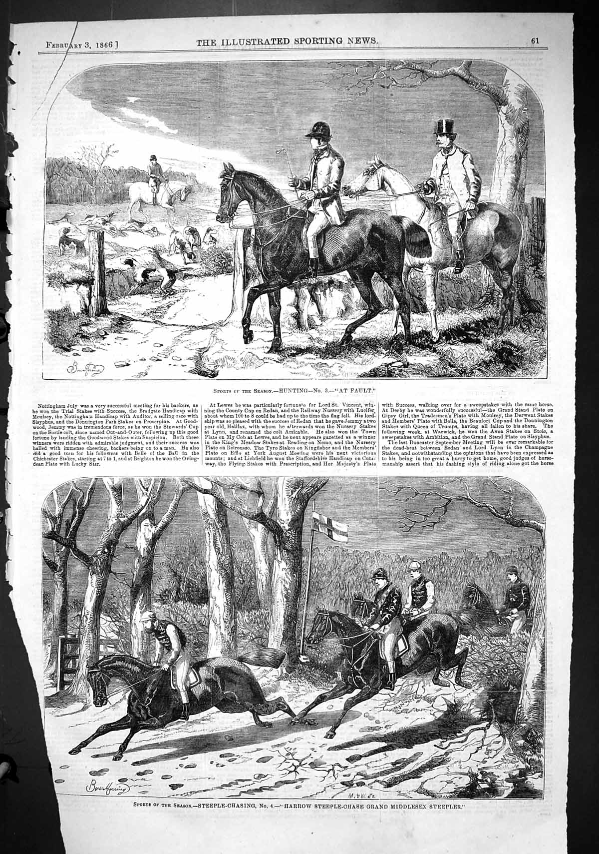 Old 1866 Sport Fox Hunting Horses Steeple-Chasing Harrow Grand Middle Victorian