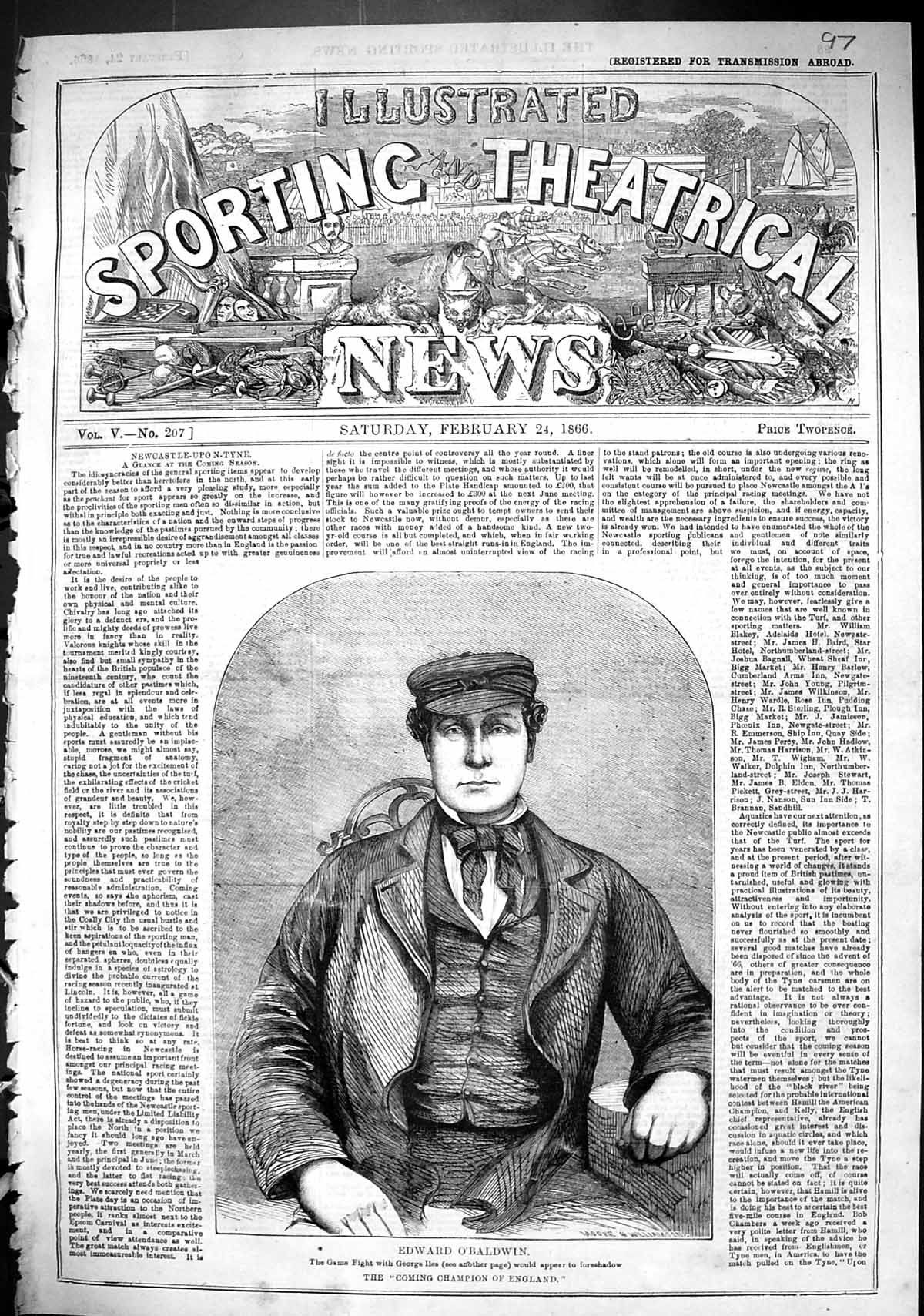Old Antique Print 1866 Edward O'Baldwin Coming Champion England Sport Man 19th