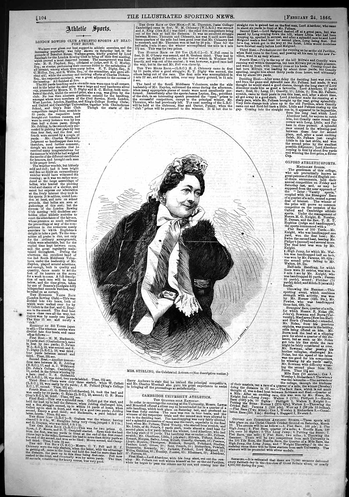 Antique Print 1866 Portrait Mrs Stirling Celebrated Actress Beautiful Woman