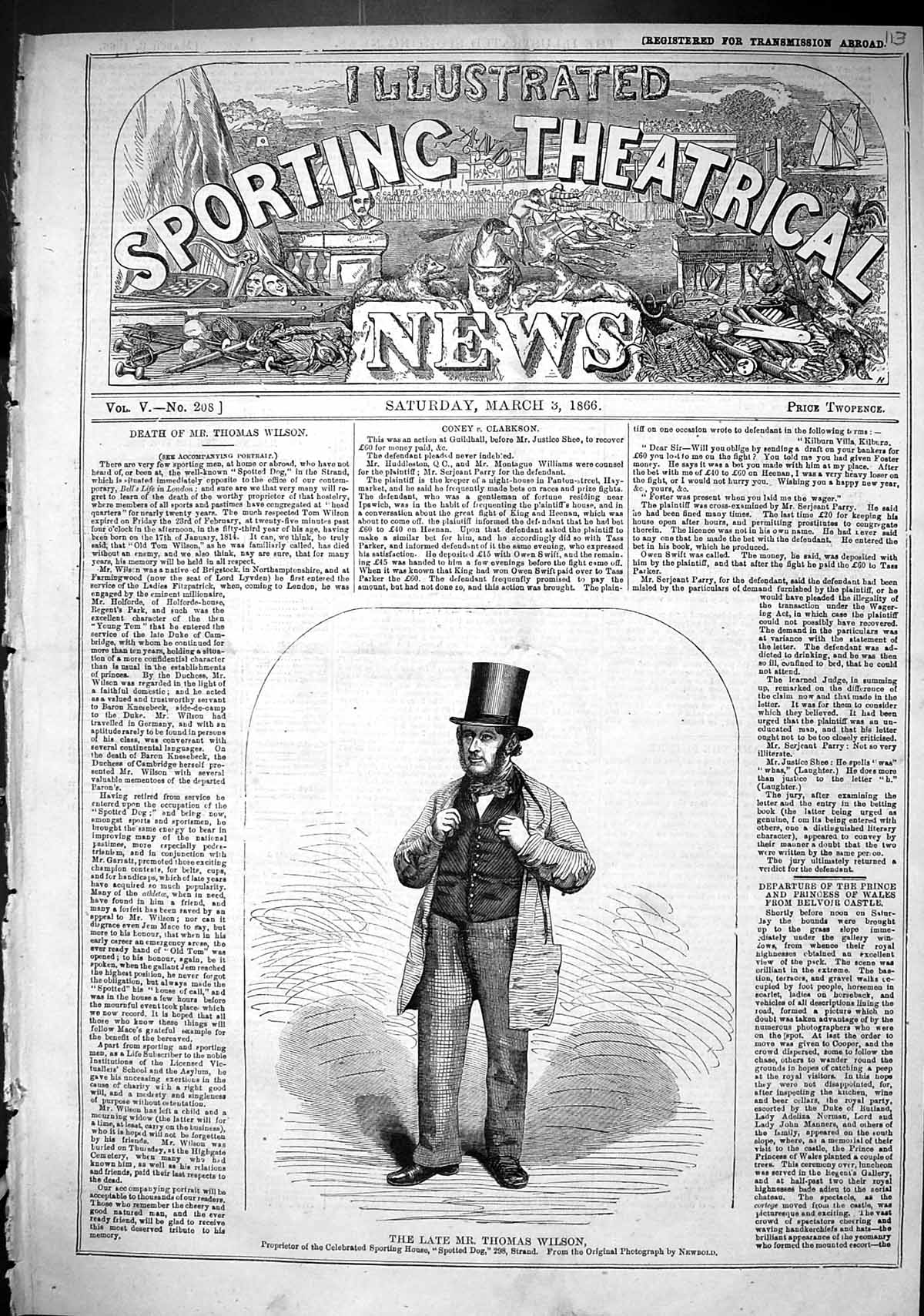 Antique Old Print 1866 Thomas Wilson Proprietor Sporting House Spotted Dog 19th