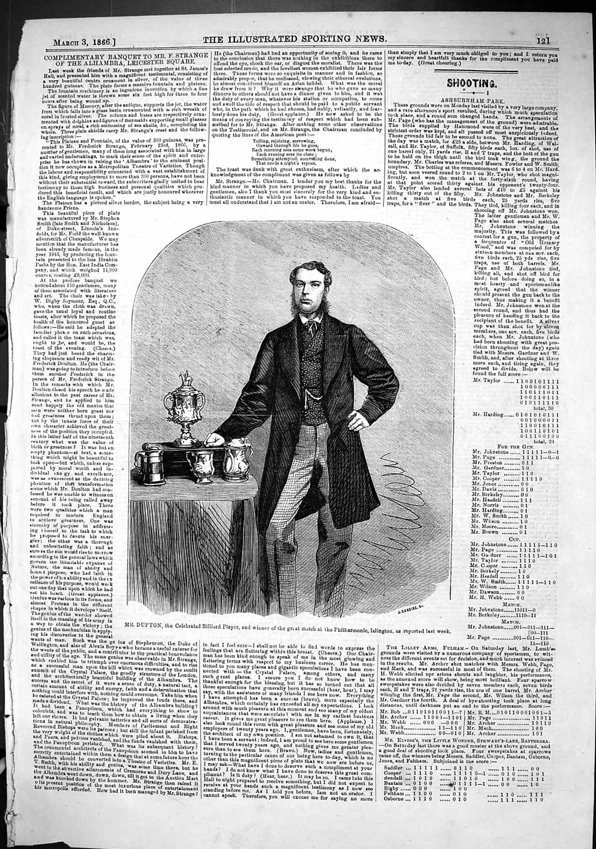 Antique Old Print 1866 Dufton Celebrated Billiard Player Winner Philharmonic