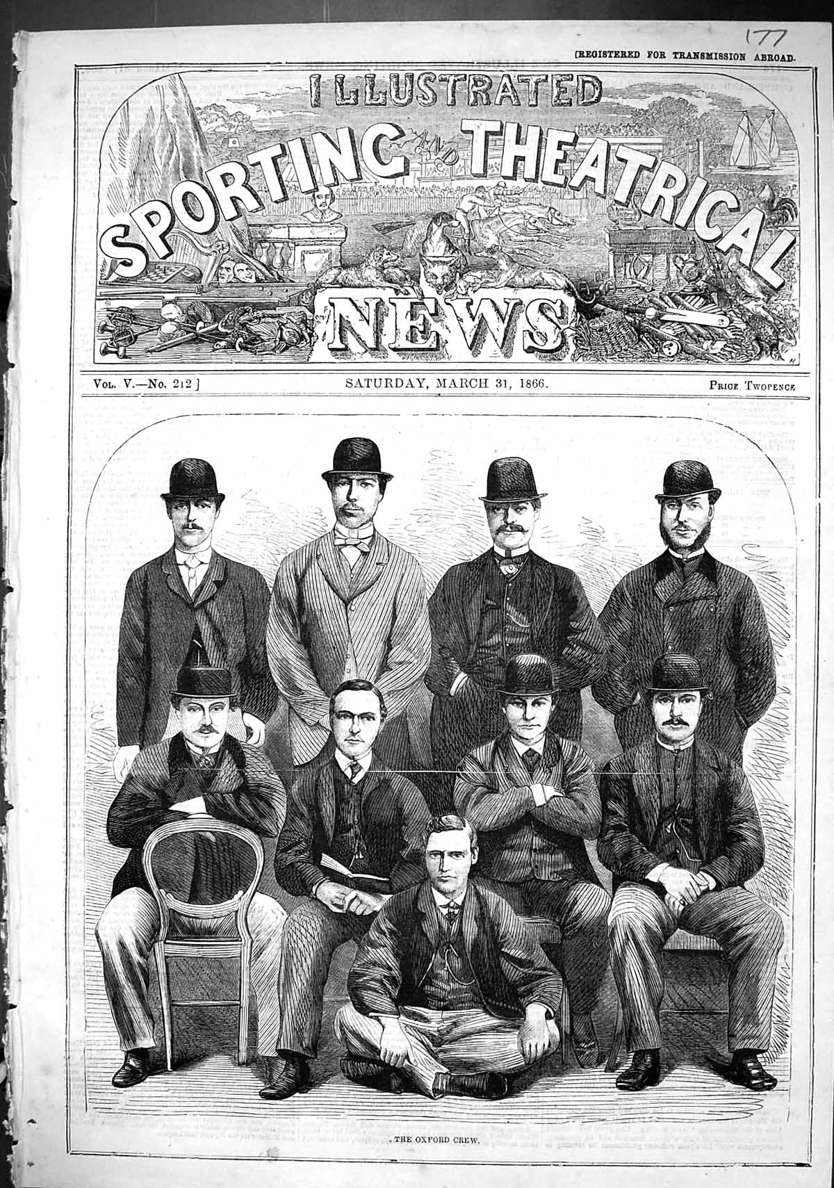 Antique Old Print 1866 Portrait Oxford University Boat Race Crew Men Sport 19th