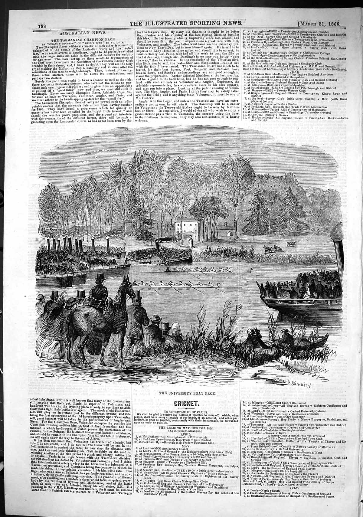 Antique Print 1866 Oxford Cambridge University Boat Race River Thames Sport