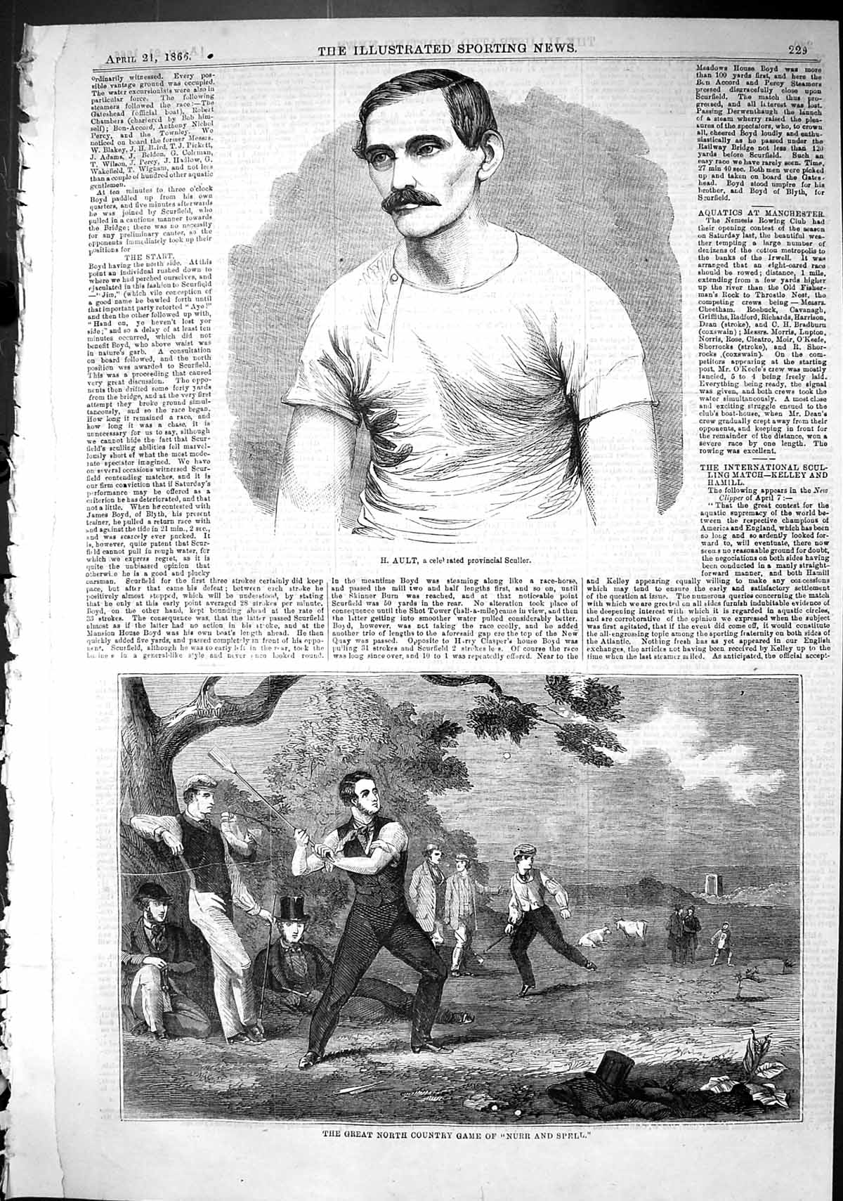 Old Print 1866 Portrait Ault Sculler Great North Country Game Nurr Spell 19th