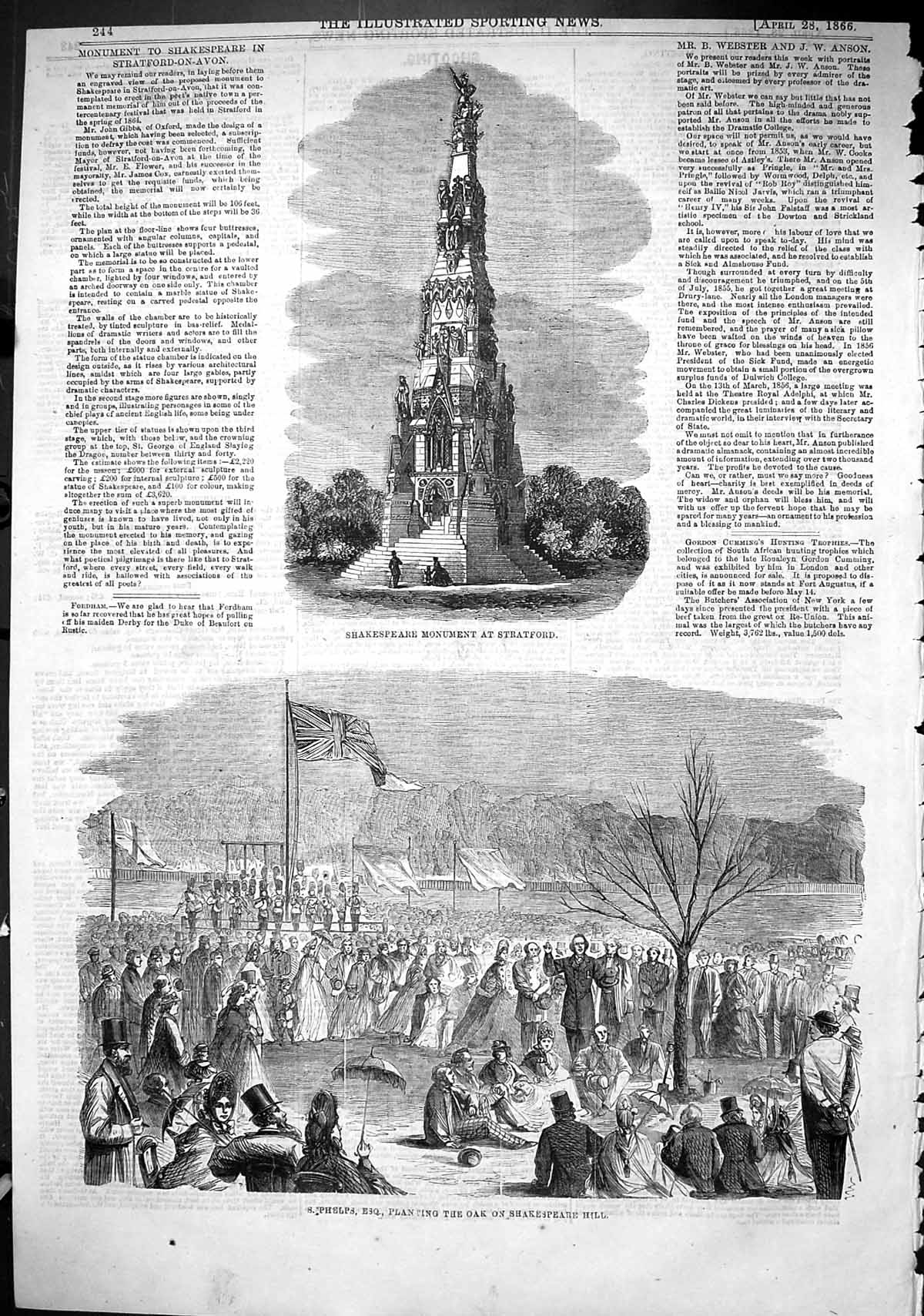 Old 1866 Shakespeare Monument Stratford Phelps Planting Oak Tree Hill Victorian