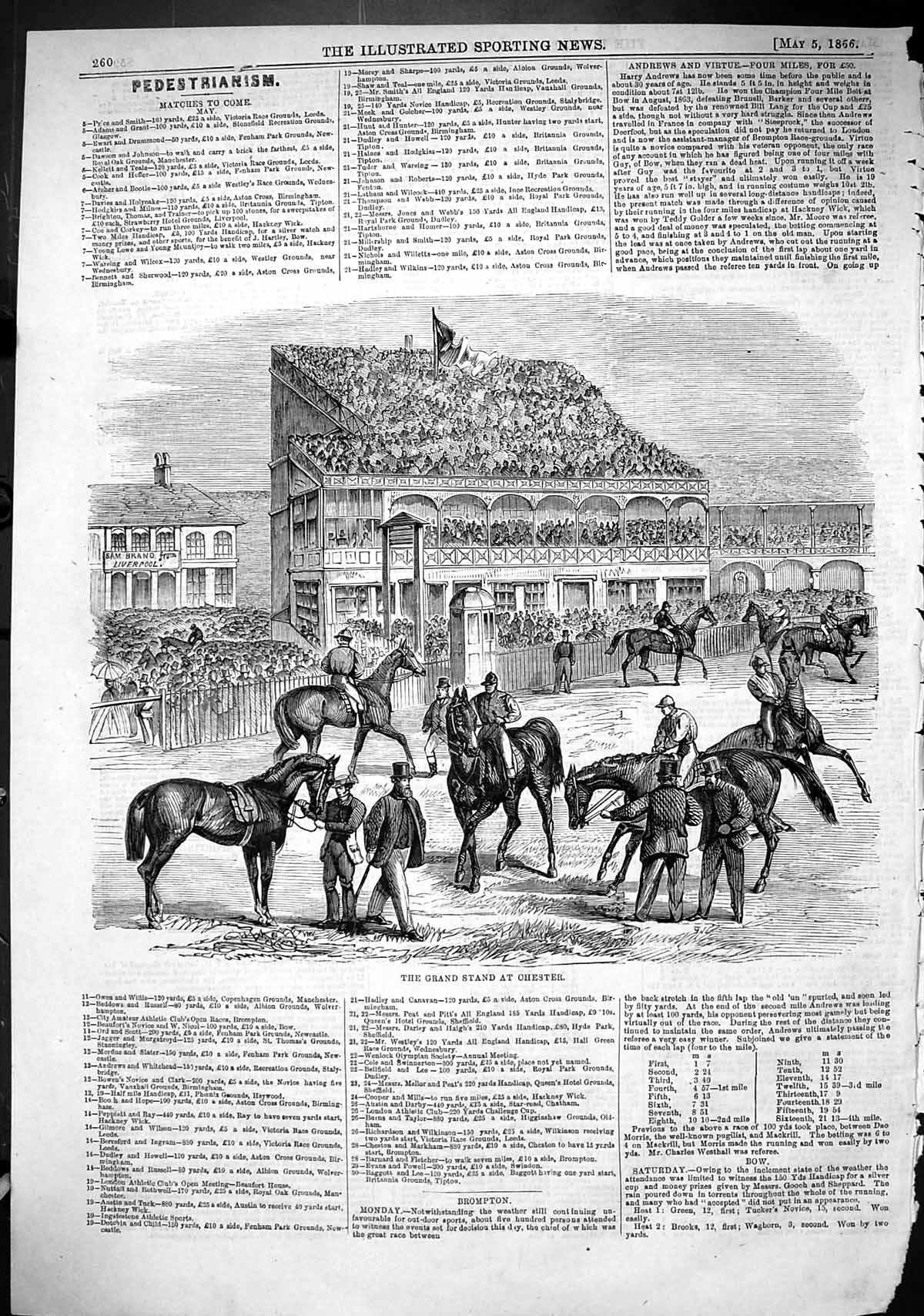 Old Print 1866 Grand Stand Chester Spectators Horse Racing Sport Jockeys 19th