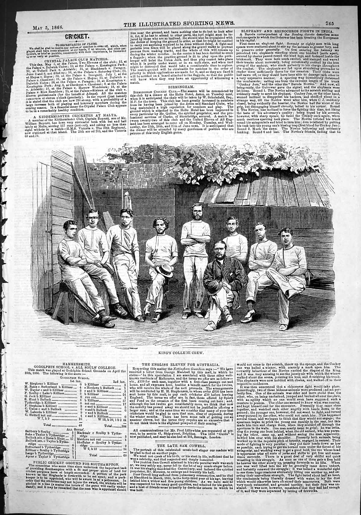 Original Old Antique Print 1866 Portrait King'S College Crew Men Sport 19th