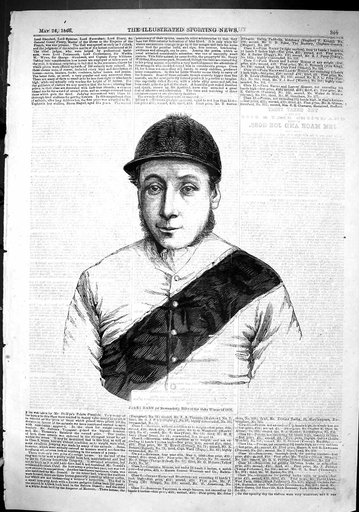 Old Print 1866 Portrait James Mann Newmarket Rider Oaks Winner Sport Man 19th