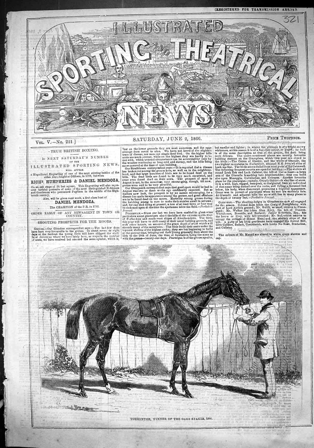 Old Antique Print 1866 Tormentor Winner Oaks Stakes Horses Racing Sport 19th