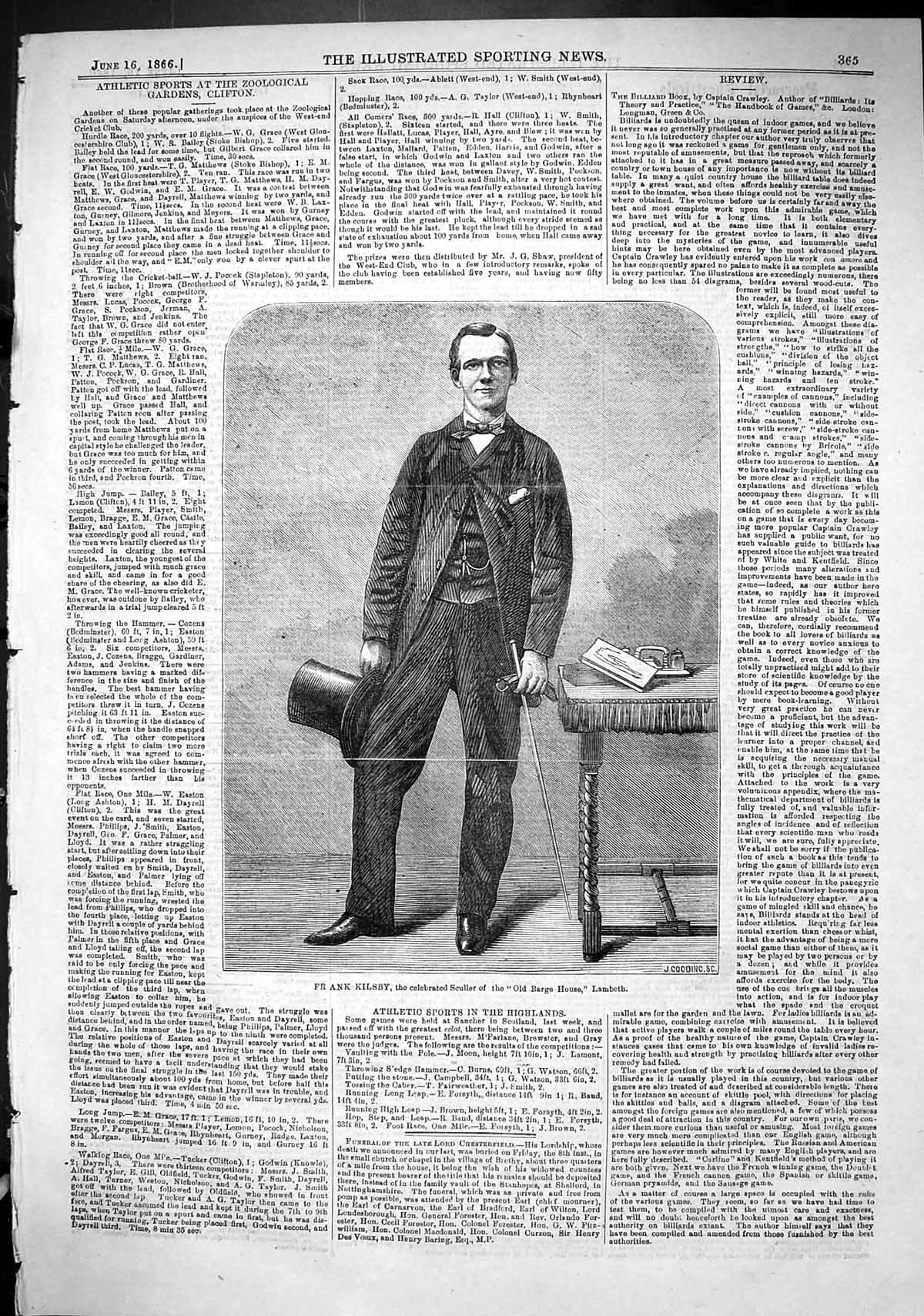 Antique Old Print 1866 Frank Kilsby Celebrated Sculler Barge House Lambeth 19th