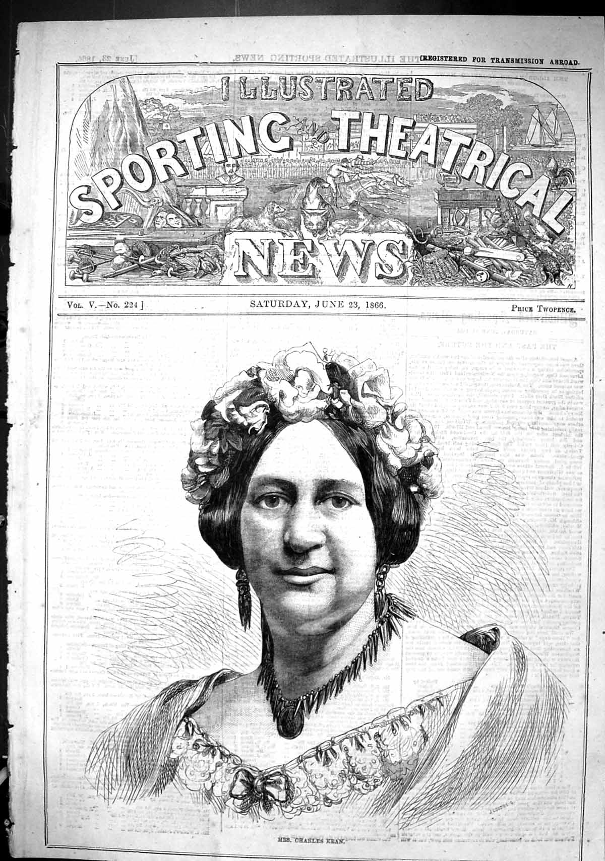 Original Old Antique Print 1866 Portrait Mrs Charles Kean Beautiful Woman 19th