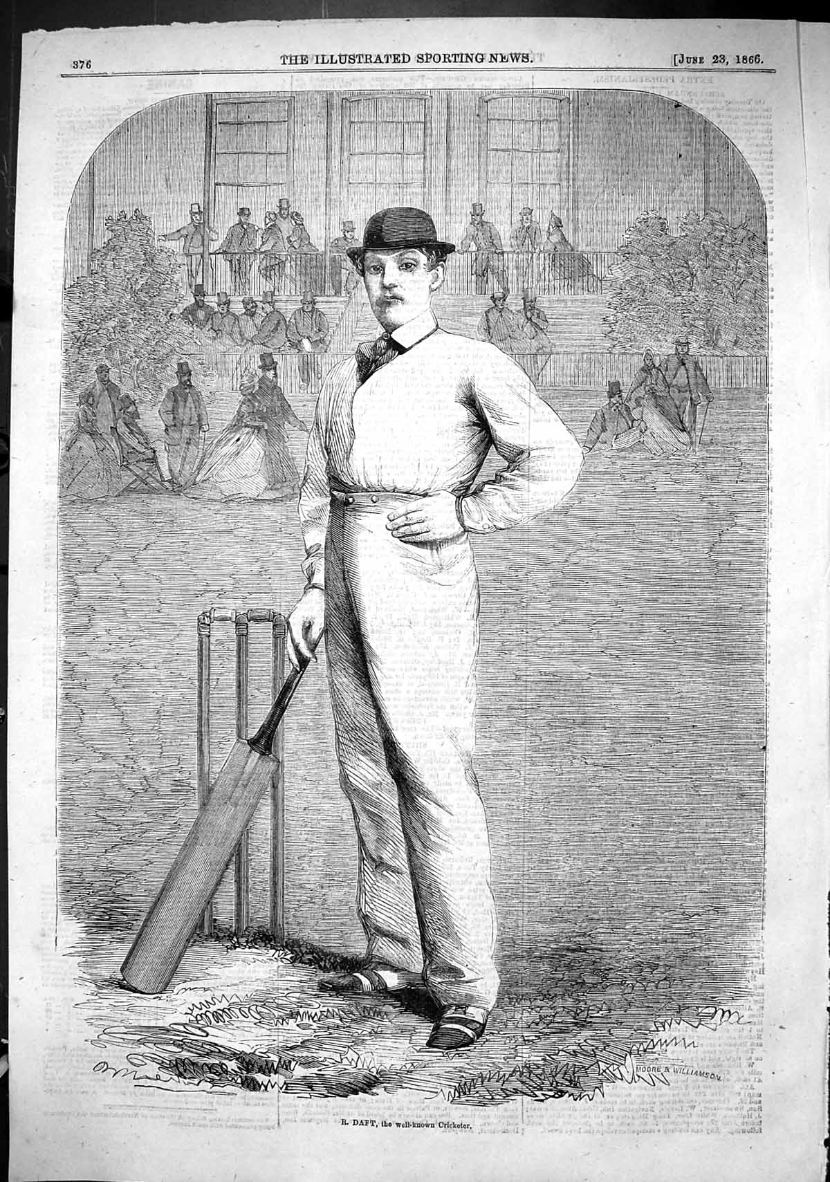Original Old Antique Print 1866 Portrait Daft Well-Know Cricketer Sport Man