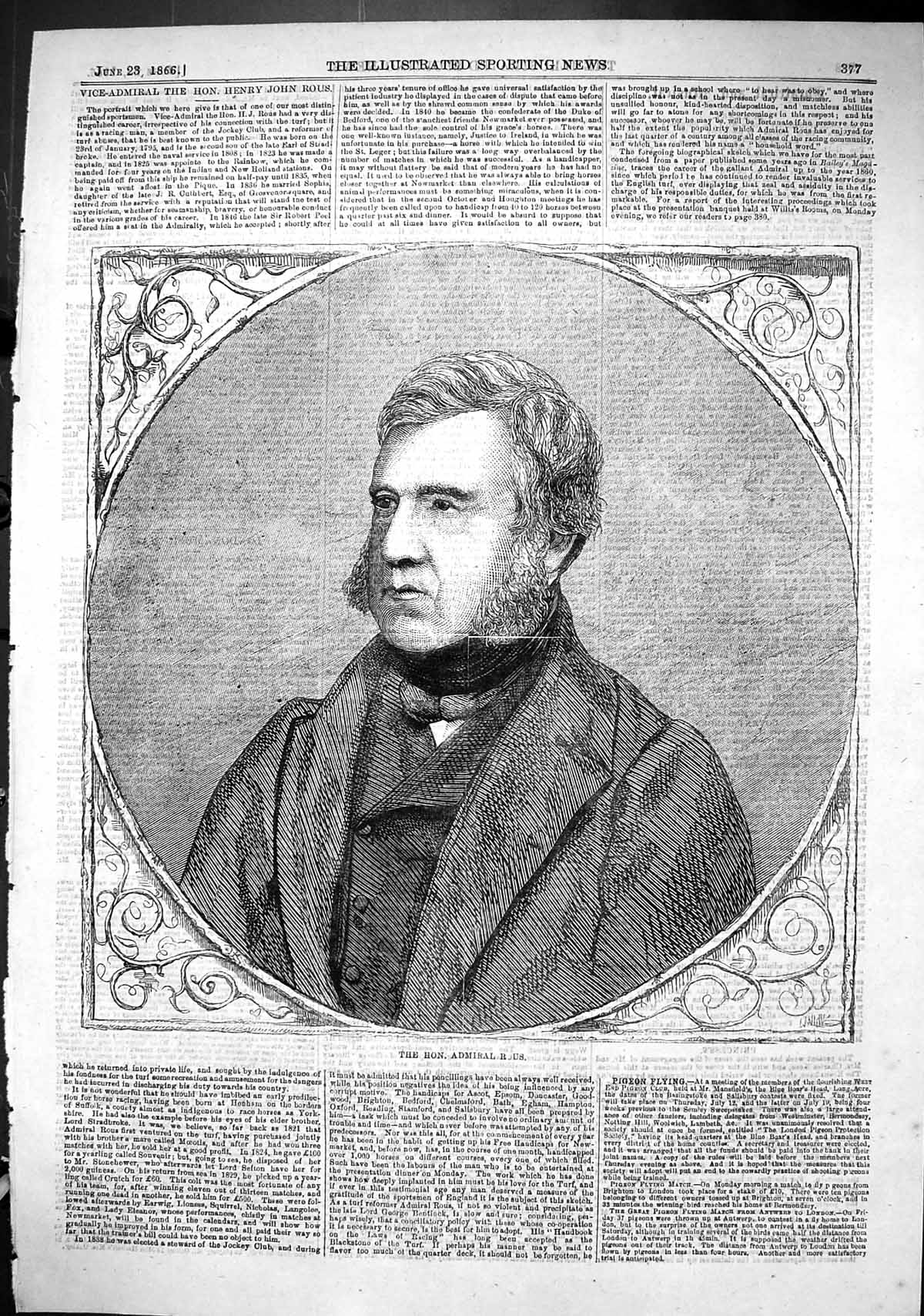 Antique Old Print 1866 Hon. Admiral Henry Jon Rous Member Jockey Club Sport