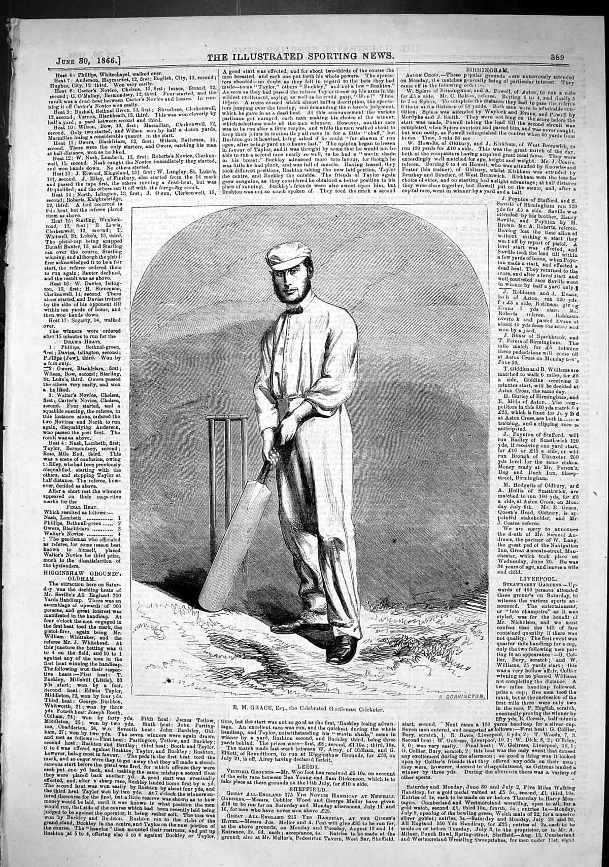 Antique Print 1866 Portrait Grace Celebrated Gentleman Cricketer Sport Man 19th
