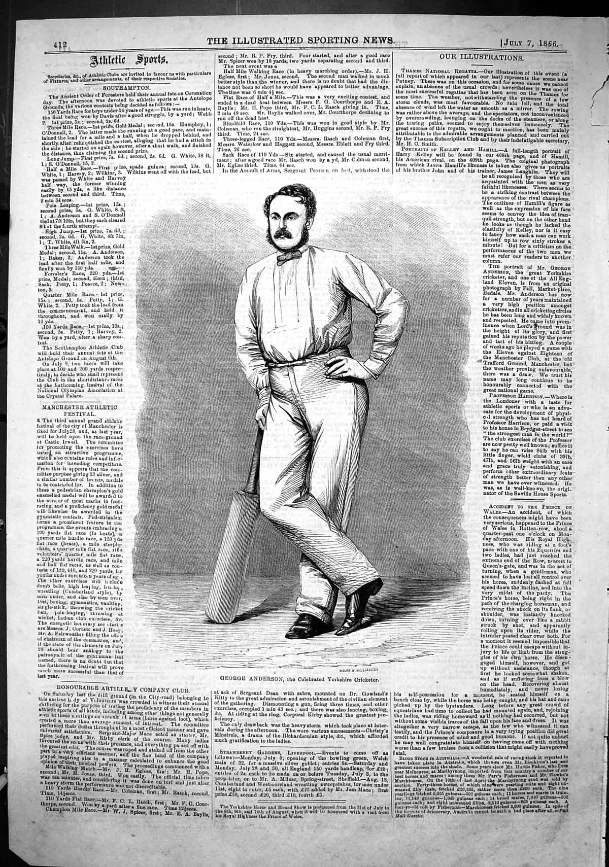 Antique Old Print 1866 George Anderson Celebrated Yorkshire Cricketer Sport
