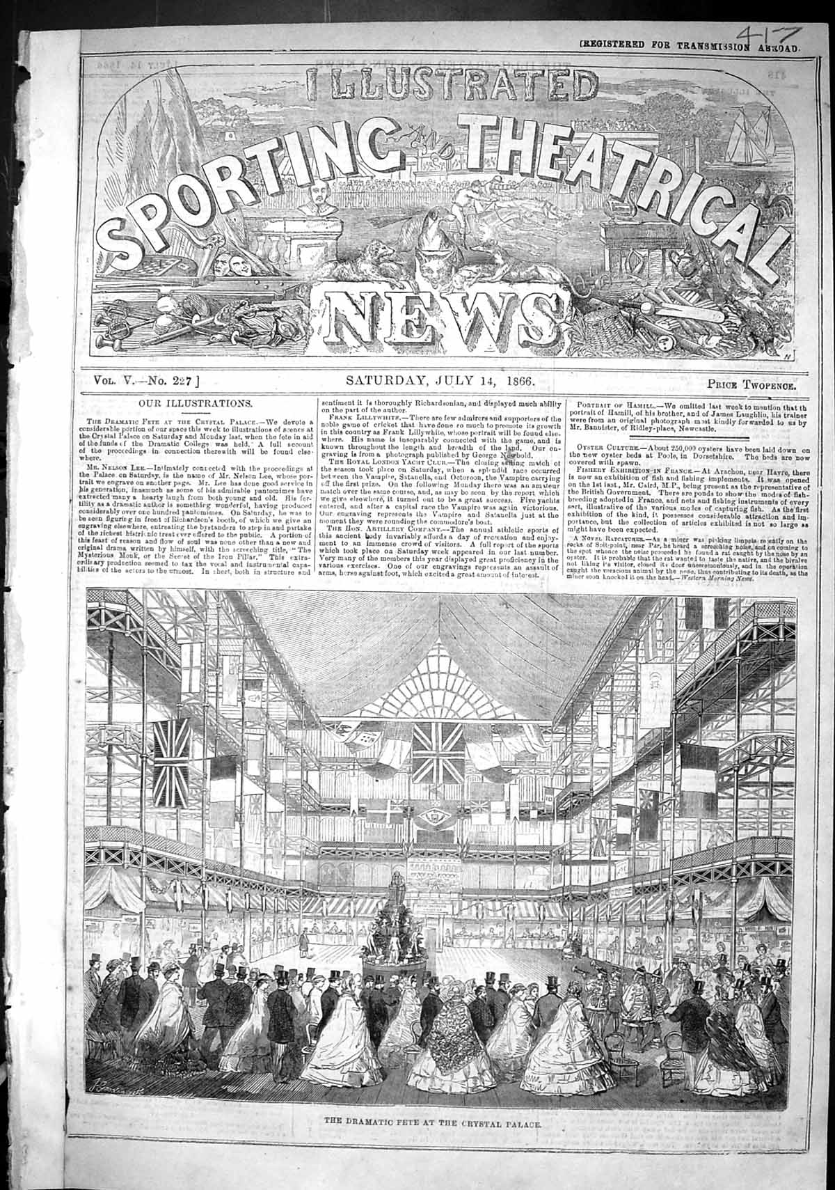 Original Old Antique Print 1866 Dramatic Fete Crystal Palace Flags Victorian