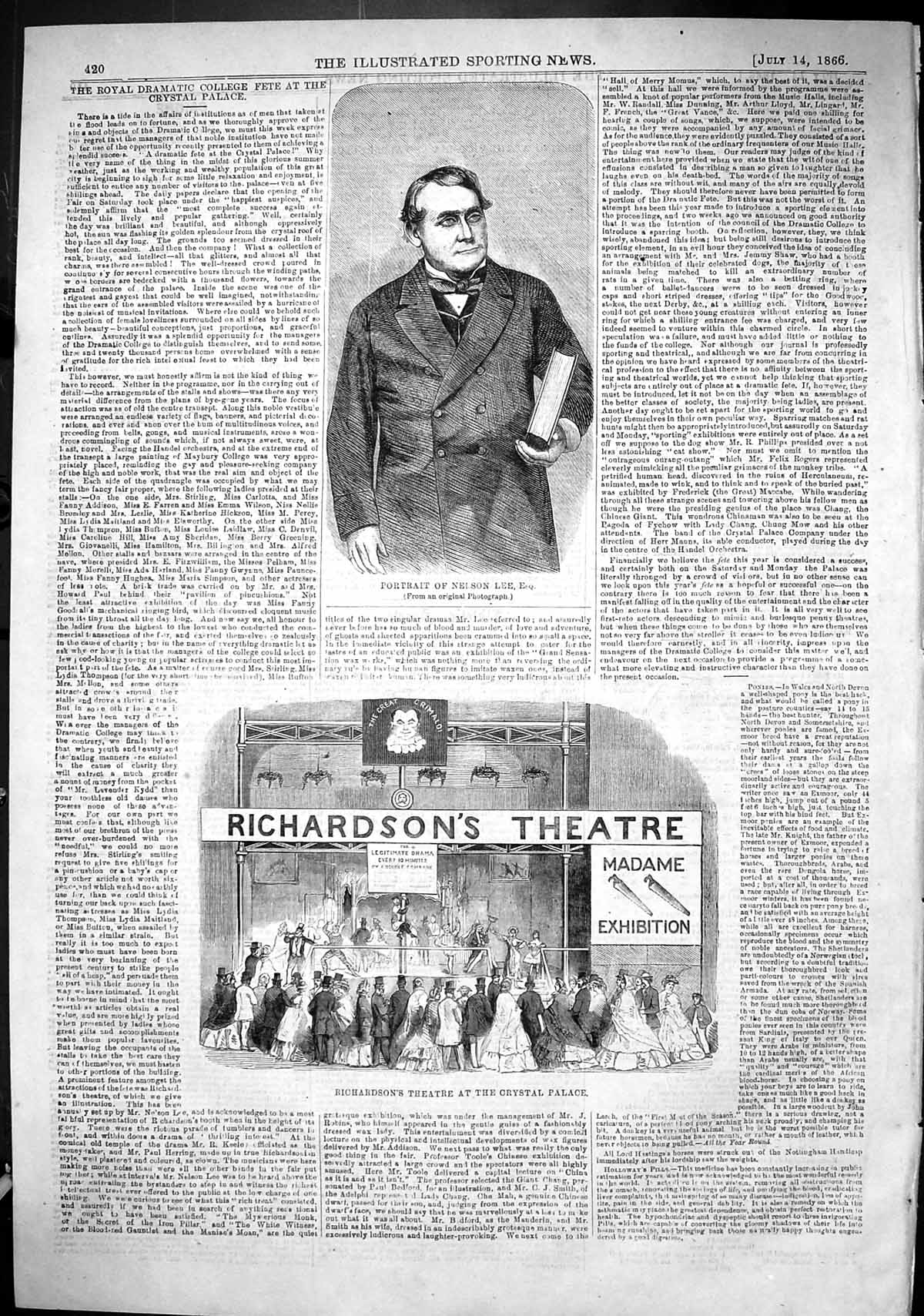 Old 1866 Nelson Lee Richardson Theatre Crystal Palace Madame Exhibiti Victorian