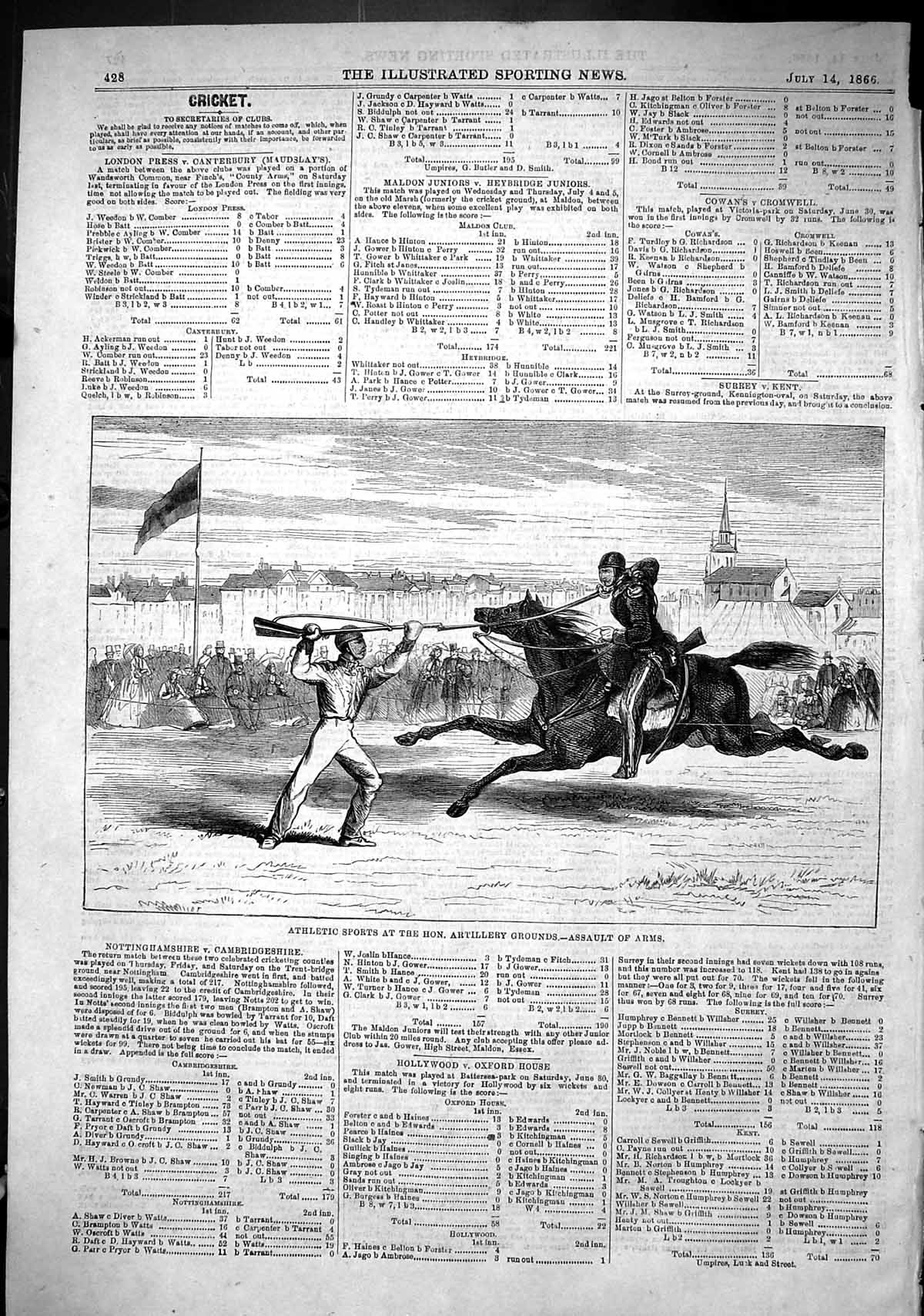 Old Print 1866 Athletic Sports Hon. Artillery Grounds Assault Arms Horses 19th