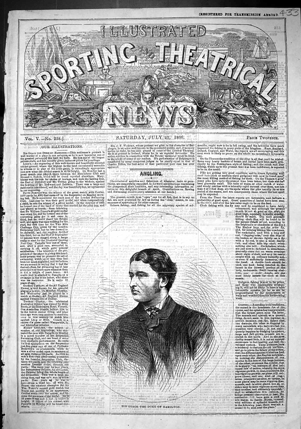 Original Old Antique Print 1866 Portrait His Grace Duke Hamilton 19th