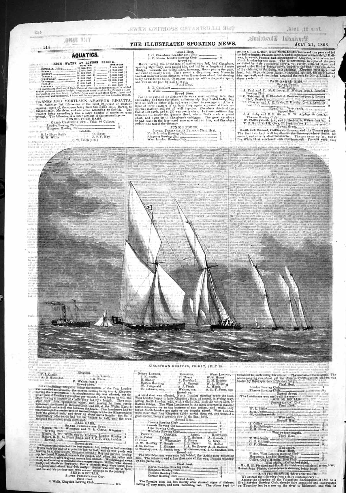 Original Old Antique Print 1866 Kingstown Regatta Sailing Boats Sport Victorian